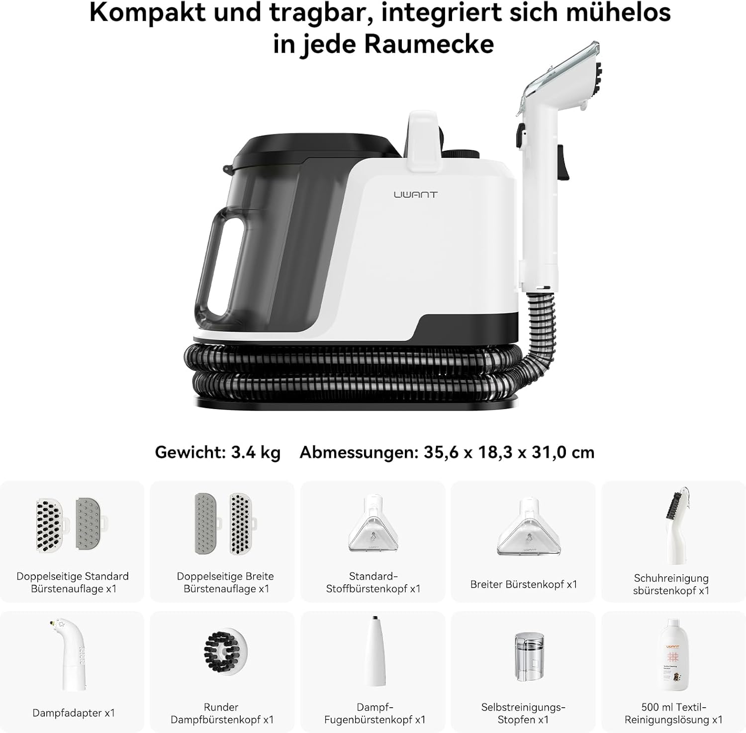 Uwant Y100 Dampf-Polsterreinigungsgerät, 3-in-1-Nasssauger für Sofa, Teppich und Auto mit 18 kPa, 100 °C heißem Dampf, 65 °C heißem Wasser, kaltem Wasser, selbstreinigend, Multi-Bürstenkopf und 500 ml Teppich – Bild 10