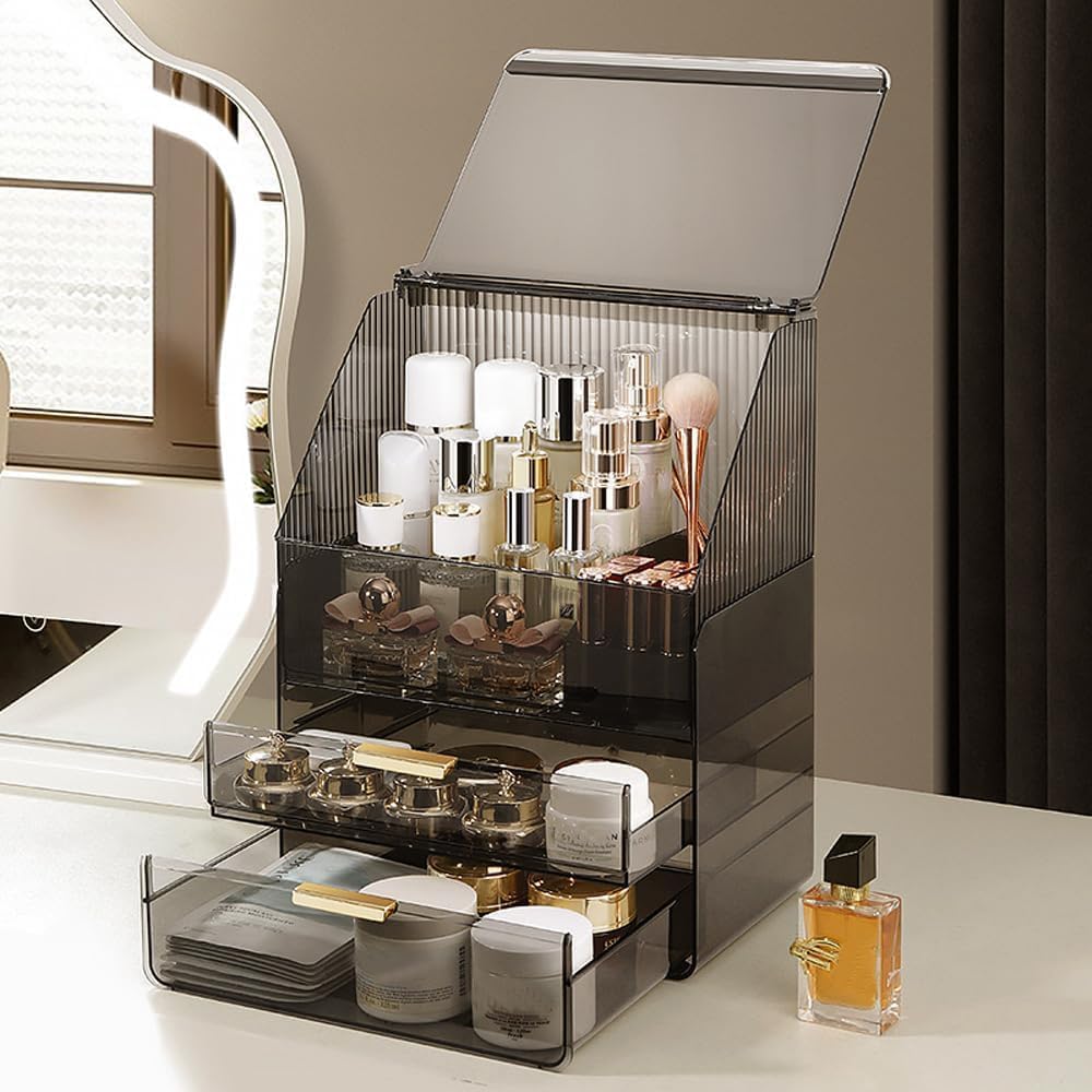 Große Make-up-Aufbewahrungsbox, 3-stöckig – Theken-Kosmetik-Organizer mit Deckel, Schminktisch-Organizer, Aufbewahrung für Parfüm und Toilettenartikel, Geschenk für Frauen – Bild 3