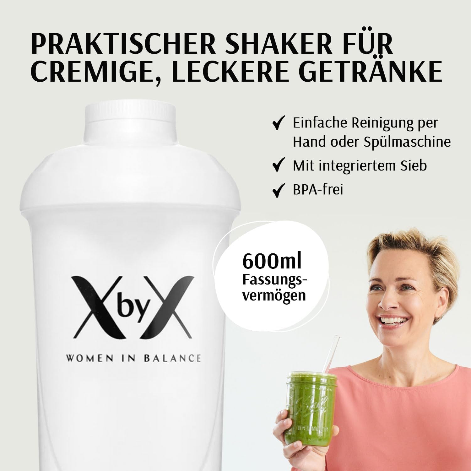 XbyX Shaker 600 ml | Proteinshaker mit Sieb und Messskala | BPA-frei | Auslaufsicherer Schraubverschluss | Spülmaschinenfest für einfache Reinigung | Keine Weichmacher | Solides Gehäuse – Bild 2