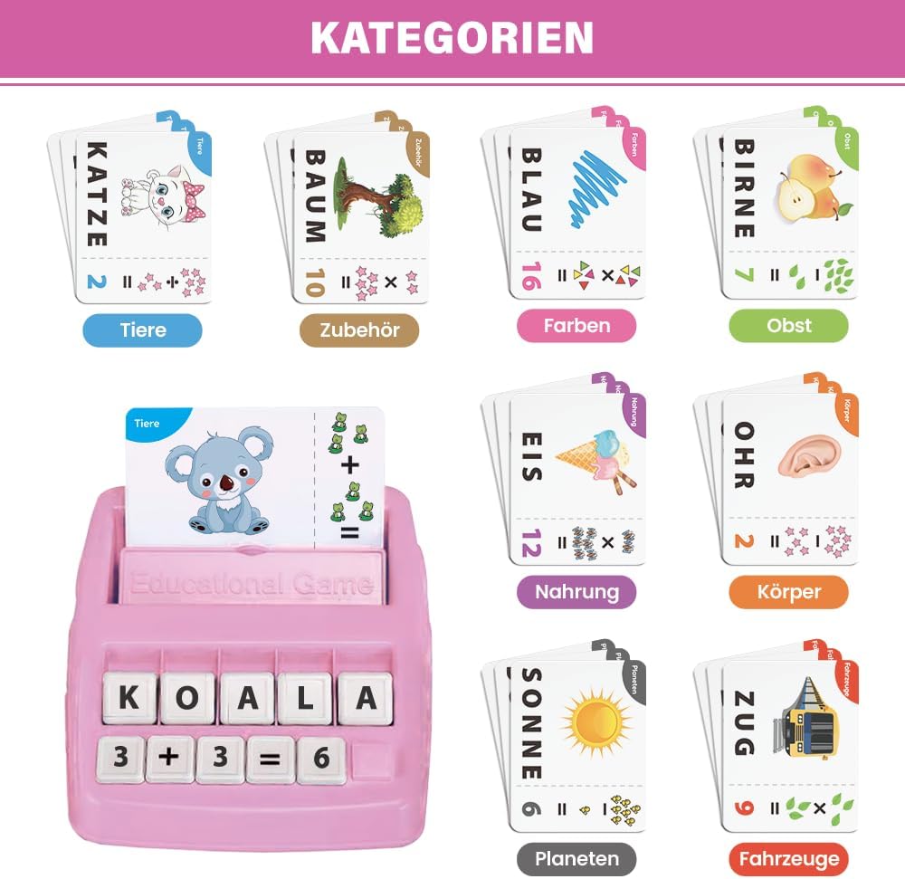 NIYYAH Buchstaben-Lernspiel, ABC, Montessori, Lernen ab 4, 5, 6 Jahren, Vorschulzahlen, Rechnen, Schulanfänger, 1. Klasse, Geschenk für Vorschulkinder, Lernspielzeug für den ersten Schultag (Rosa) – Bild 4