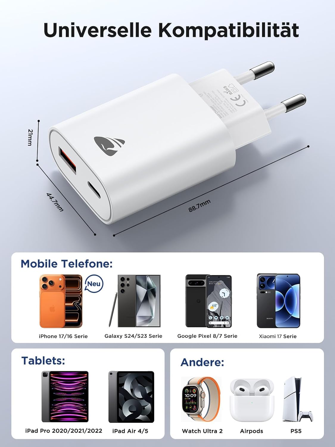 USB C Ladegerät, 2er Pack, 20W Schnellladegerät mit 2-fach USB Stecker (USB-C & USB-A), Handy Ladegerät mit PD 3.0 Power Adapter, USB Netzteil für iPhone Samsung, Schnellladegerät Typ C, Mehrfachladestecker – Bild 5