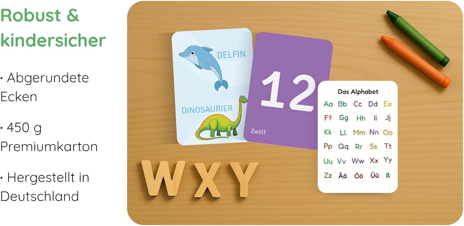 ABC & 123 Karteikarten – 60 Karten zum Buchstabenlernen, komplettes deutsches Alphabet & Zahlen 1-12 mit Bonus-Spielideen, Montessori-Lernkarten ab 3 Jahren für Vorschule & Kindergarten – Bild 7