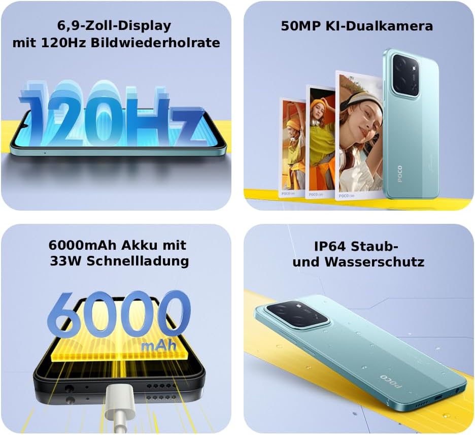 XIAOMI Poco C85, Smartphone 6+128 GB, Handy mit Android, 6,9 Zoll 120 Hz Display 7,99 mm Design, MediaTek Helio G81-Ultra Octa-Core, 50 MP AI Dual Kamera, 6000 mAh, Schwarz – Bild 2
