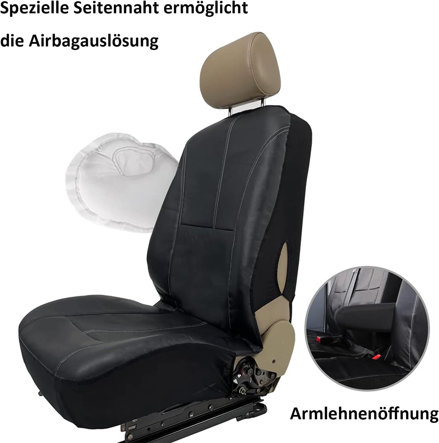 TOYOUN Universal Autositzbezüge für Transporter LKW Vordere Autositzbezüge Kunstleder Sitzbezug Fahrersitz + 2 Beifahrersitzbank Schonbezüge Schwarz – Bild 2