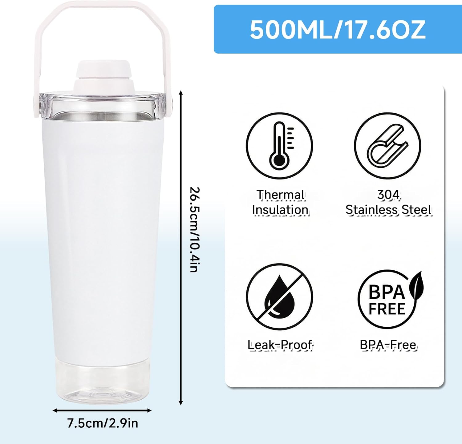 X SIM FITNESSX Protein-Shaker-Flasche mit Pulverfach, SUS304-Edelstahl-Shaker mit Tragegriff und Aufbewahrungsbehälter, 500 ml + 200 ml (weiß) – Bild 3