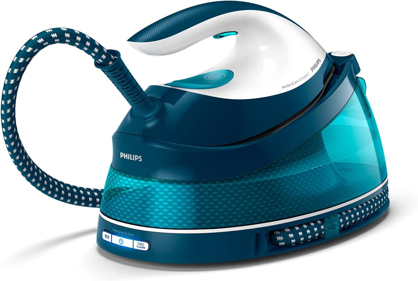 Philips Domestic Appliances Perfect Care Kompakt-Dampfbügeleisen, OptimalTemp-Technologie, 120 g/min Dauerdampf, 2400 W, 6,5 Bar Druck, 1,5 Liter Wassertank, SteamGlide-Bügelsohle, Blau (GC7844/20) – Bild 2