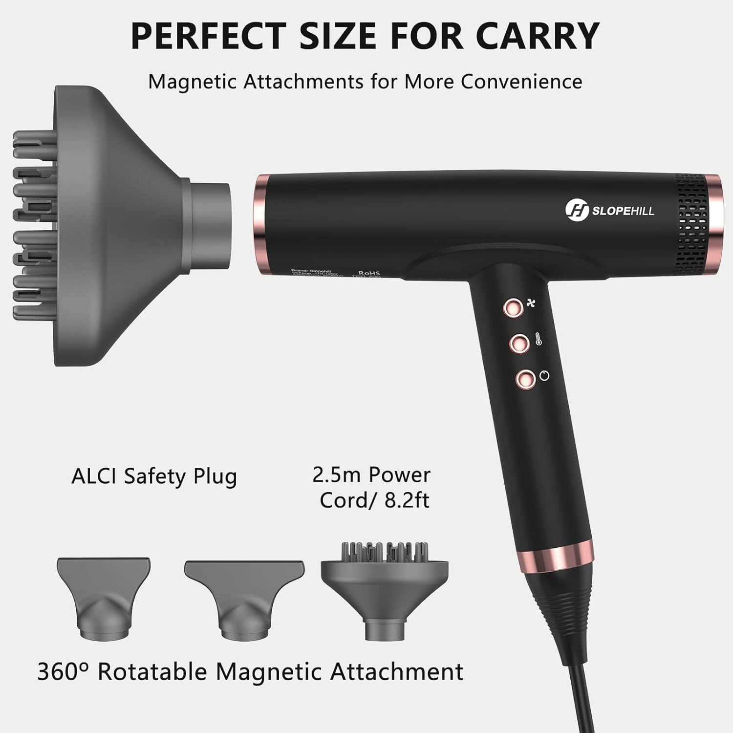Slopehill Ionen-Haartrockner, bürstenloser Motor mit 110.000 U/min, schnell trocknender Haartrockner mit magnetischem Diffusor, geräuscharme/Biokeramik-Technologie, für Zuhause, Reisen, Salon (Mattschwarz) 2 – Bild 5
