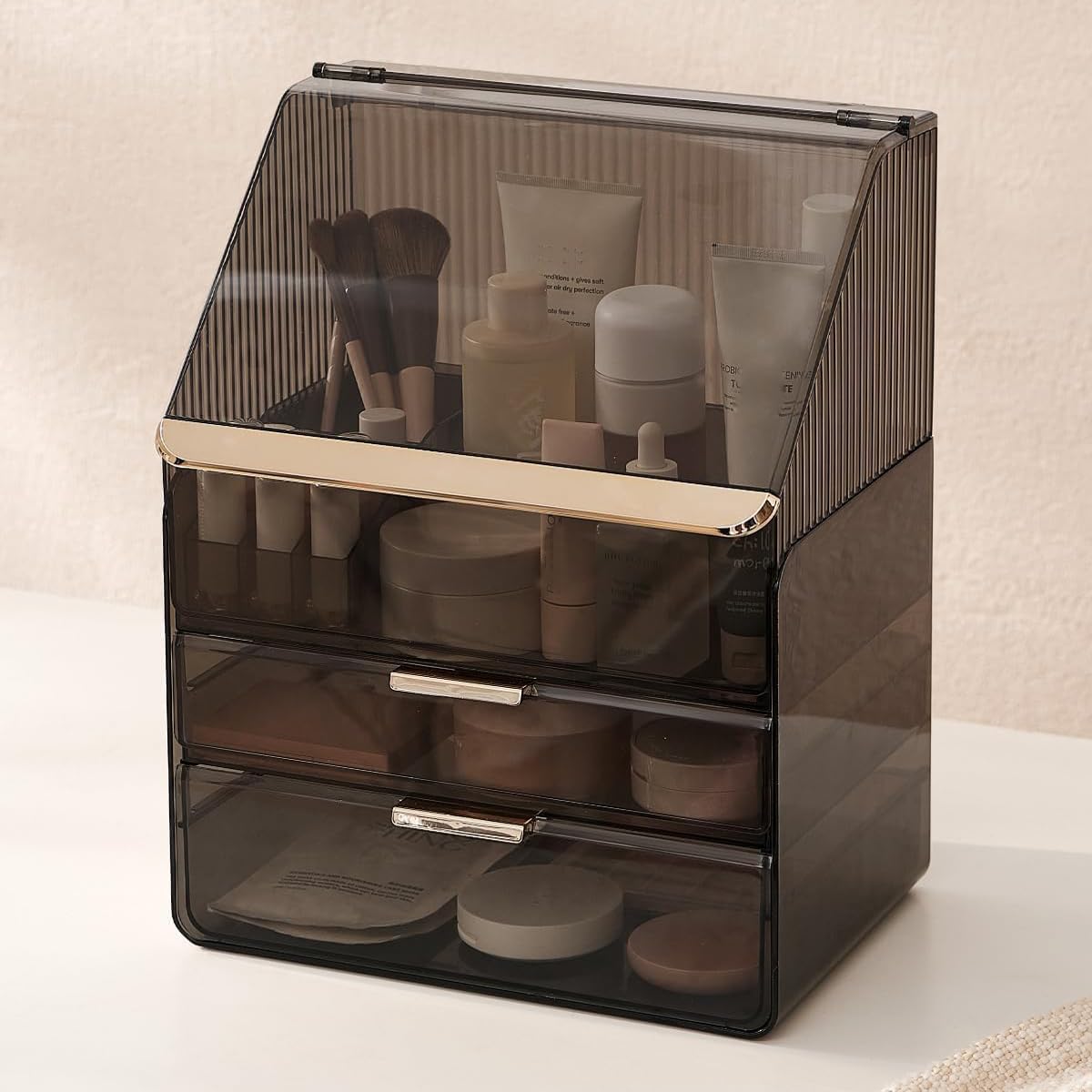 Große Make-up-Aufbewahrungsbox, 3-stöckig – Theken-Kosmetik-Organizer mit Deckel, Schminktisch-Organizer, Aufbewahrung für Parfüm und Toilettenartikel, Geschenk für Frauen – Bild 2