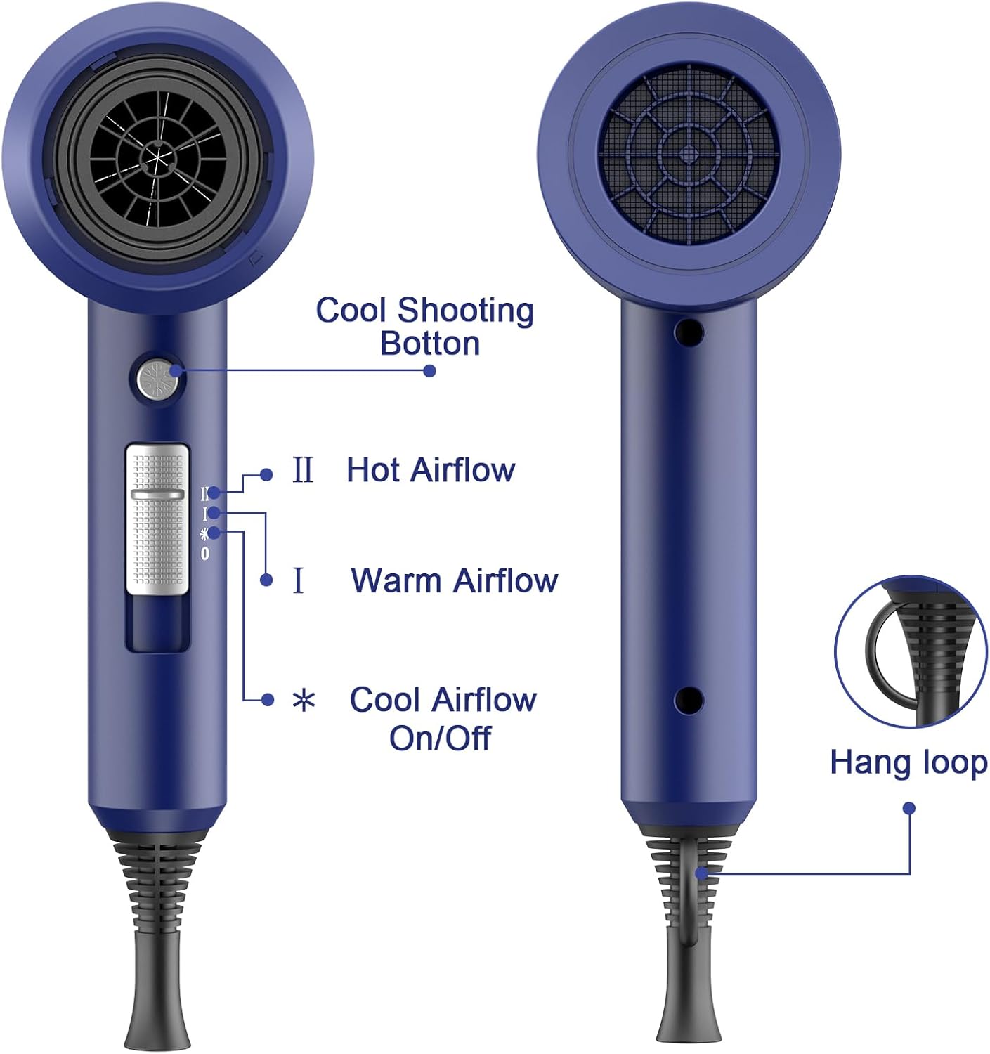 Slopehill Ionen-Haartrockner, AC-Motor 1800 W, schnell trocknender Haartrockner, Haartrockner mit Heiß-/Kalt-Taste, 3 Haartrockner-Konzentratoren und Diffusor, 3 Temperatureinstellungen, 2 Geschwindigkeitsstufen (Dunkelblau) – Bild 6