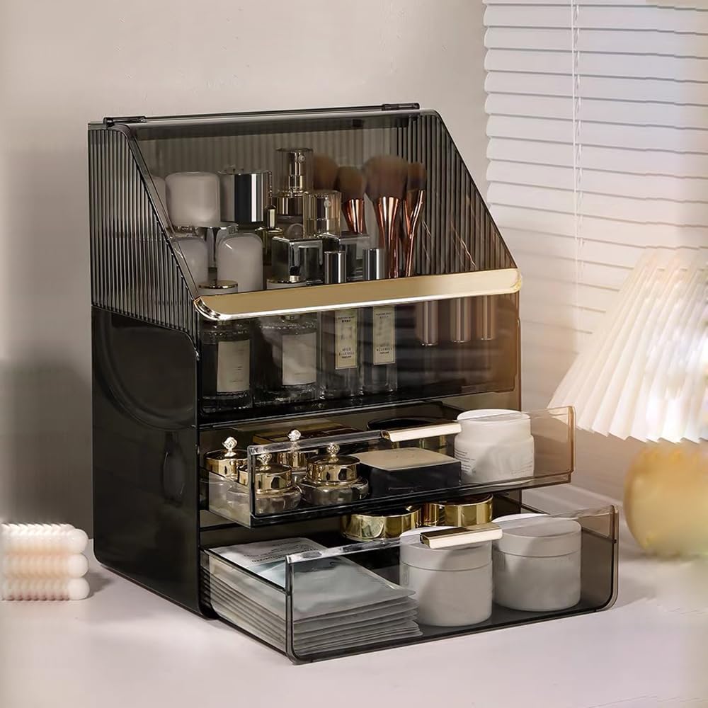 Große Make-up-Aufbewahrungsbox, 3-stöckig – Theken-Kosmetik-Organizer mit Deckel, Schminktisch-Organizer, Aufbewahrung für Parfüm und Toilettenartikel, Geschenk für Frauen – Bild 7