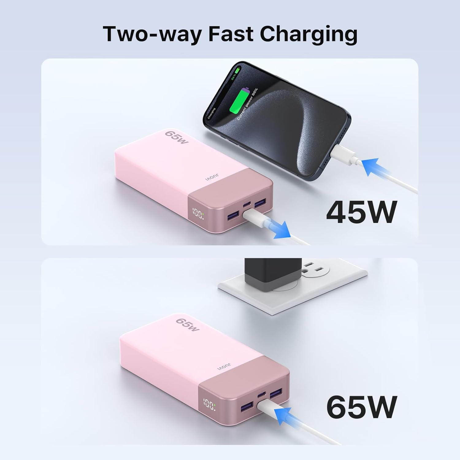 JUOVI Tragbares Ladegerät, 65 W, Powerbank, 20.000 mAh, kompakter USB-C-Laptop-Powerbank, Schnelllade-Akku für Laptops, MacBook, Dell XPS, iPad, Tablet, Steam Deck, iPhone-Serie, Samsung Switch und mehr (Rosa) – Bild 4