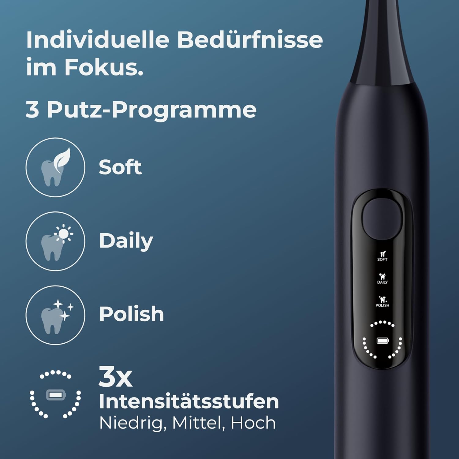 Schallzahnbürste P1 Pro Testsieger 2026 – Bestnote Sehr gut, Drucksensor schont die Zähne, Ultraschall-Elektrozahnbürste, Mitternachtsblau – Bild 4