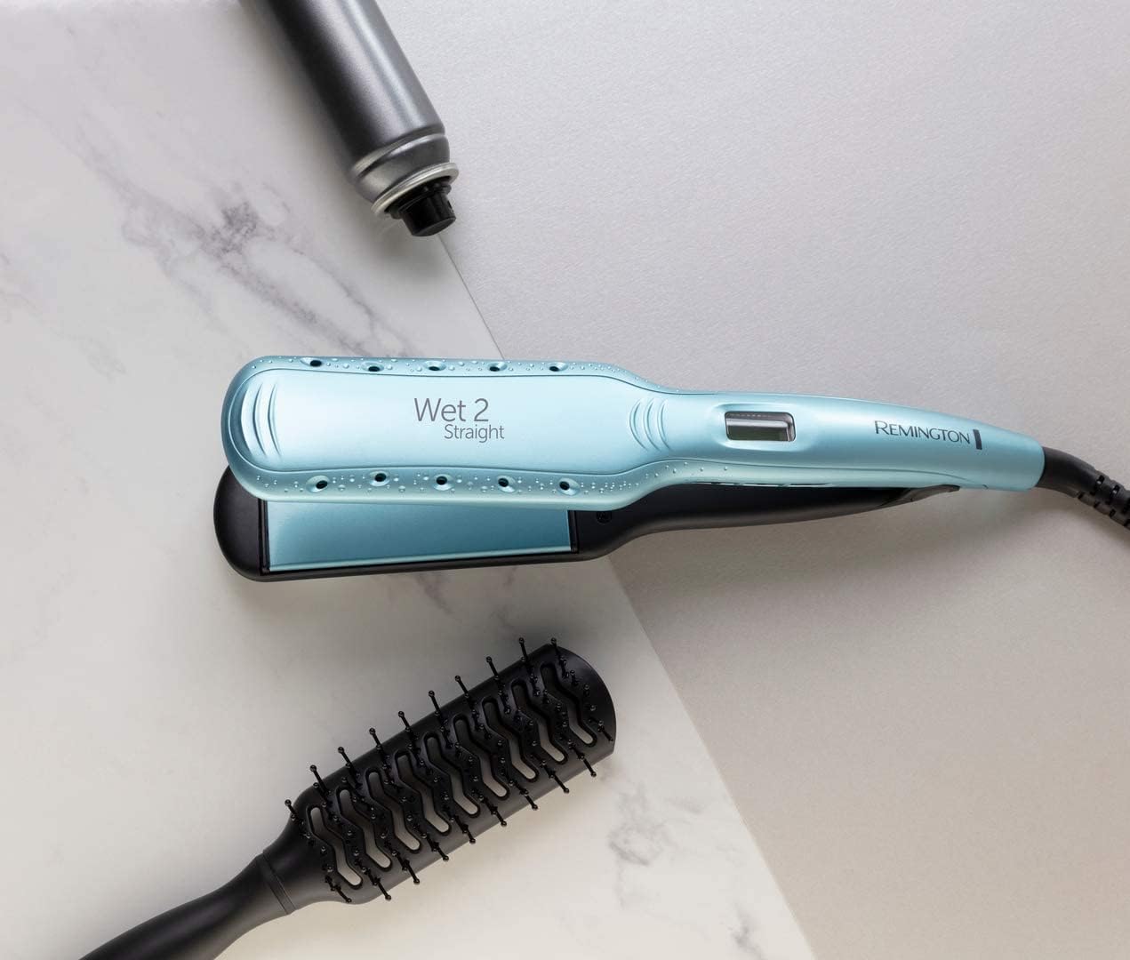 Remington Wet2Straight Wide Glätteisen (für Nass- und Trockenanwendung – zum Trocknen und Glätten der Haare, hitzeaktivierte Anti-Frizz-Mikrowirkstoffe), LCD-Display, 140–230 °C, Haarglätter S7350, Türkis – Bild 3