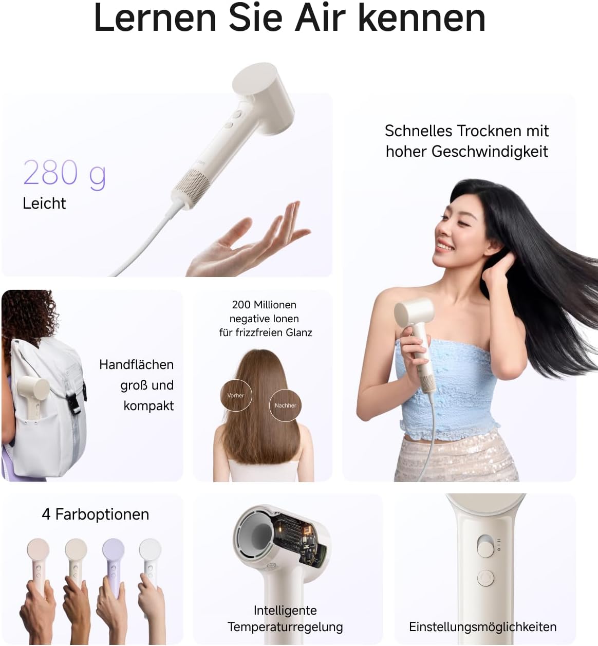 Laifen Luft-Haartrockner, ultraleichter Haartrockner 280 g mit 200 Millionen negativen Ionen, schnelles Trocknen in 3 Minuten, 60 dB flüsterleise mit Kindermodus & Glättungsdüse, ideal für Reisen (Milchtee). – Bild 2