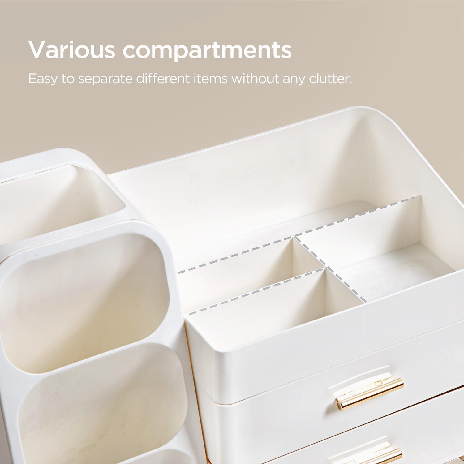 HBlife Make-up-Kosmetik-Organizer mit Schubladen, Pinsel-Organizer, 3-in-1-Kosmetik-Aufbewahrungsbox aus Kunststoff, Make-up-Aufbewahrungsbox, großer Stauraum, weiß – Bild 4
