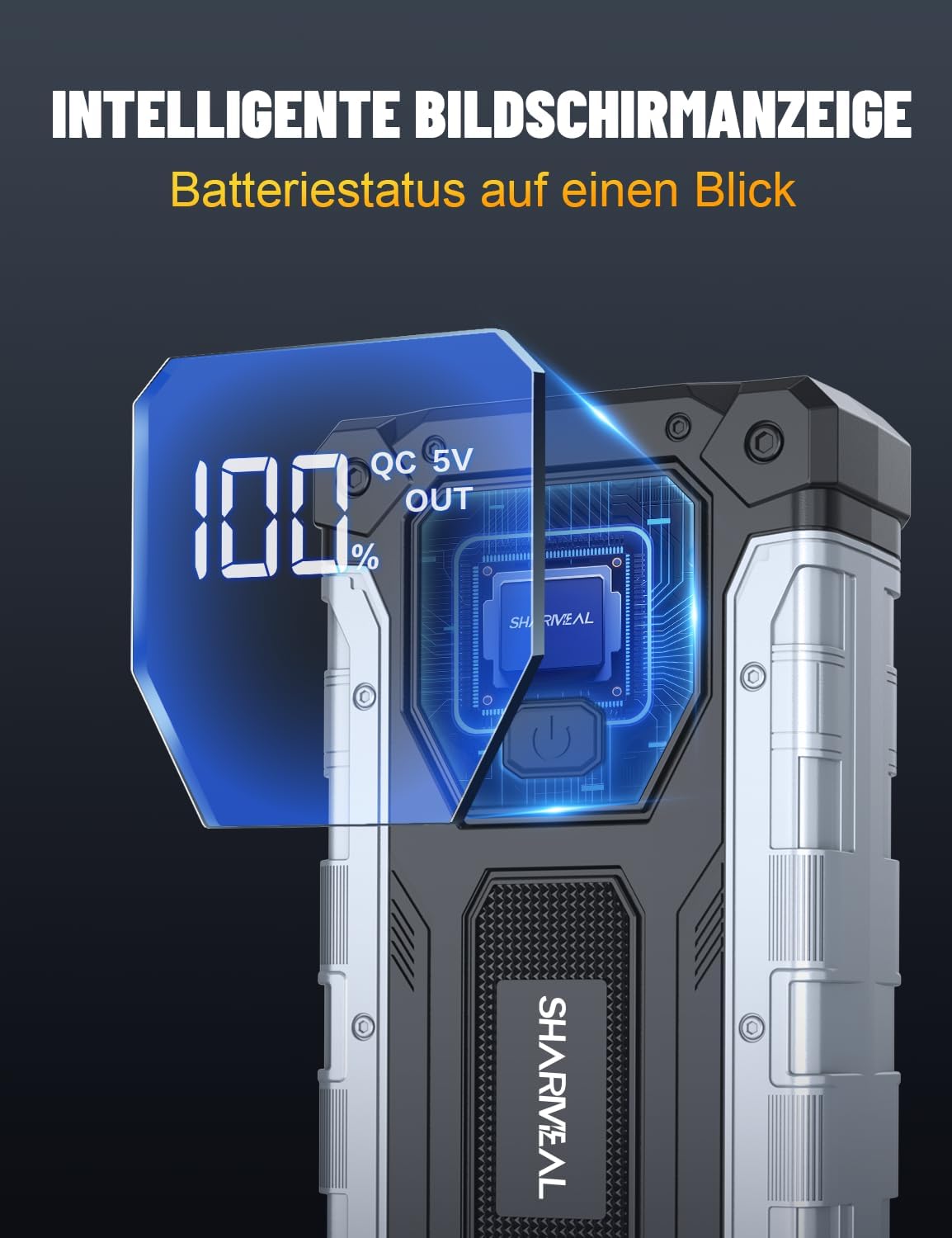 SHARMEAL 8000 A Starthilfe-Powerbank für Autos, 12-V-Auto-Starthilfe-Powerbank (für alle Benzinmotoren oder bis zu 10,0 l Diesel), Booster-Auto-Starthilfe mit LCD-Bildschirm und LED-Taschenlampe – Bild 3