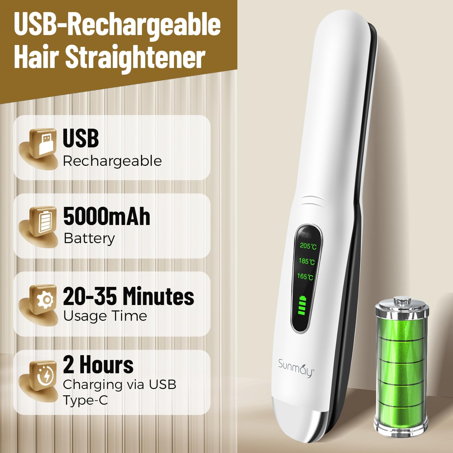 SUNMAY Voga Kabelloser Haarglätter, Titan-Glätteisen, Locken und Glätten 2 in 1, tragbarer Akku-Haarglätter, kabelloser Haarglätter, Mini-Reiseglätter, 3 einstellbare Temperaturen, 5000-mAh-Akku – Bild 5