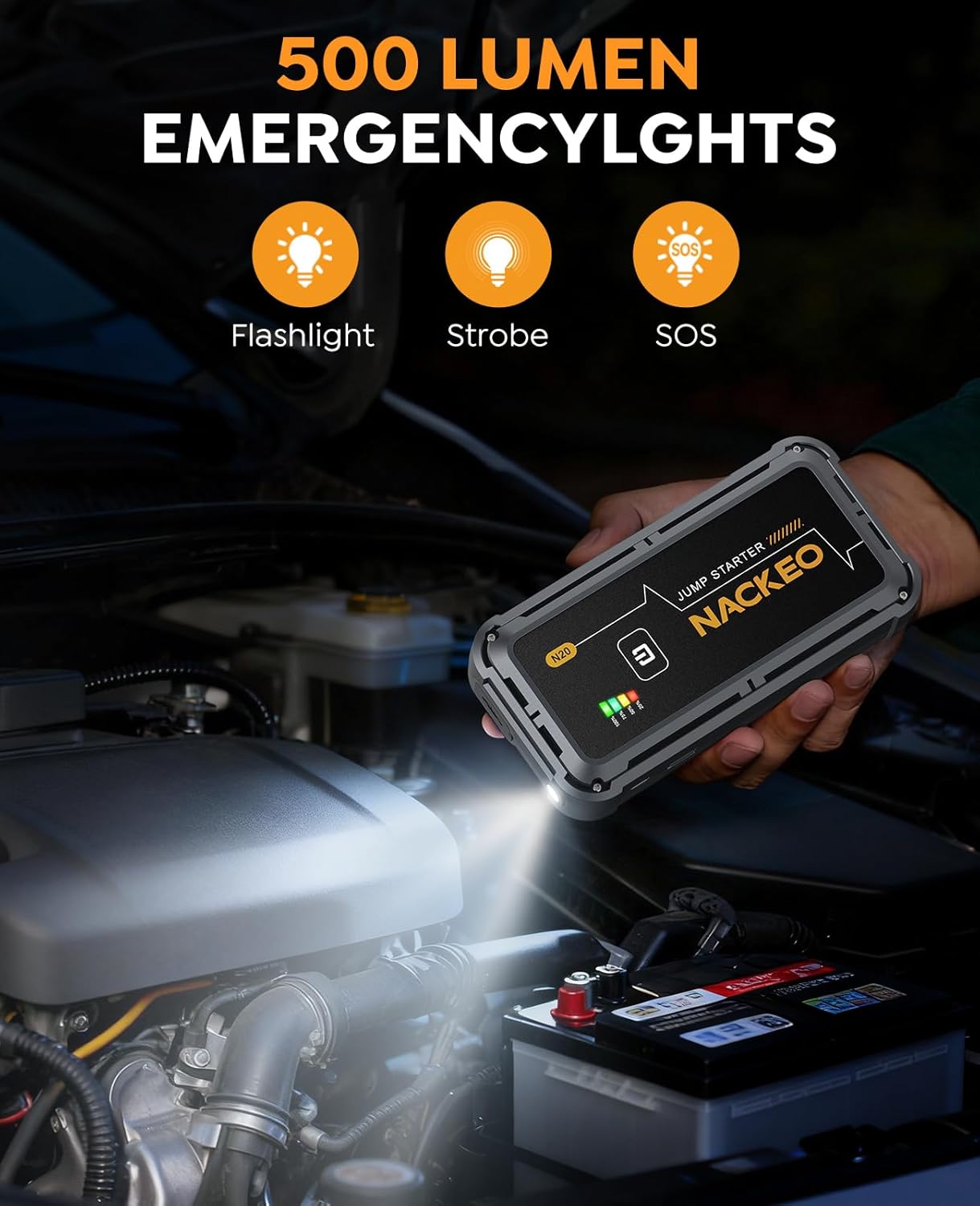 7000 A Starthilfe-Powerbank für Autos, 12 V Batterie-Booster (bis zu allen Benzinmotoren und 10 l Diesel), Starter-Powerbank mit Starthilfekabel & LED-Taschenlampe, Auto-Starthilfe für SUV, LKW, Motorrad – Bild 5