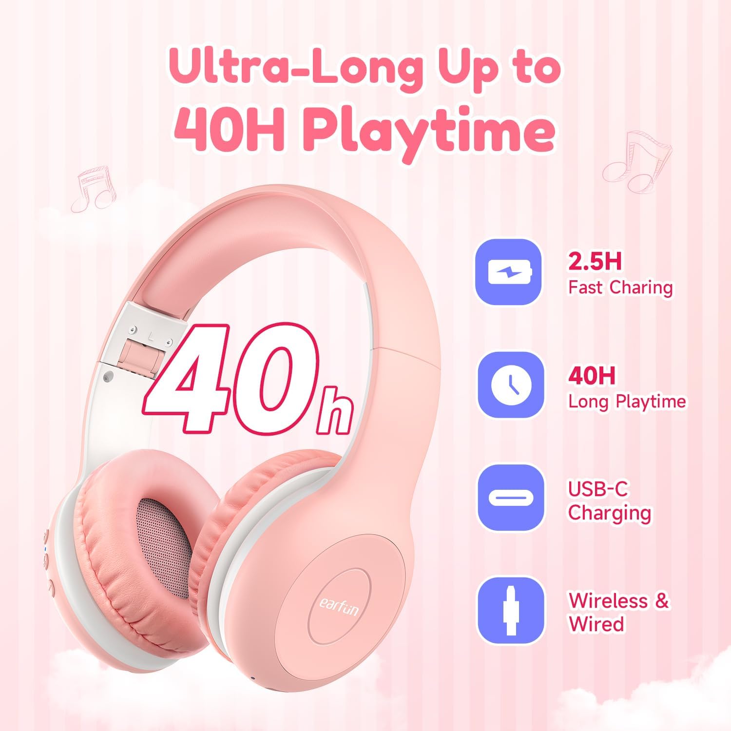 EarFun Kinder-Bluetooth-Kopfhörer, 85/94 dB Lautstärkeregler, HiFi-Sound, HD-Mikrofon, 40 Stunden Akku, faltbar, verstellbar, Kopfhörer kabellos, Bluetooth Kinder für Schule/Reisen, Pink – Bild 6