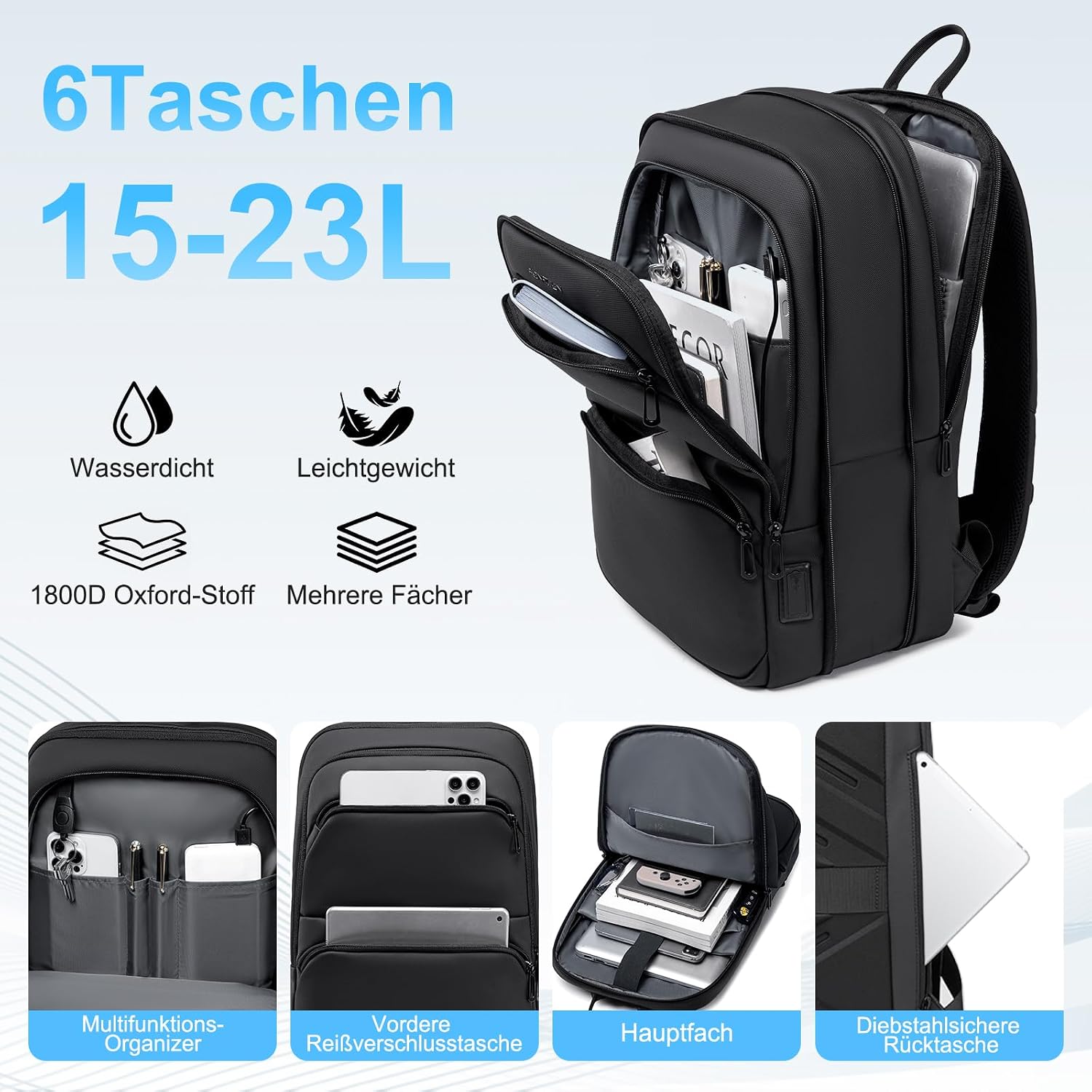 FENRUIEN Business-Laptop-Rucksack, leicht, 15,6 Zoll, schlanker Laptop-Rucksack, Schwarz, Business – Bild 2