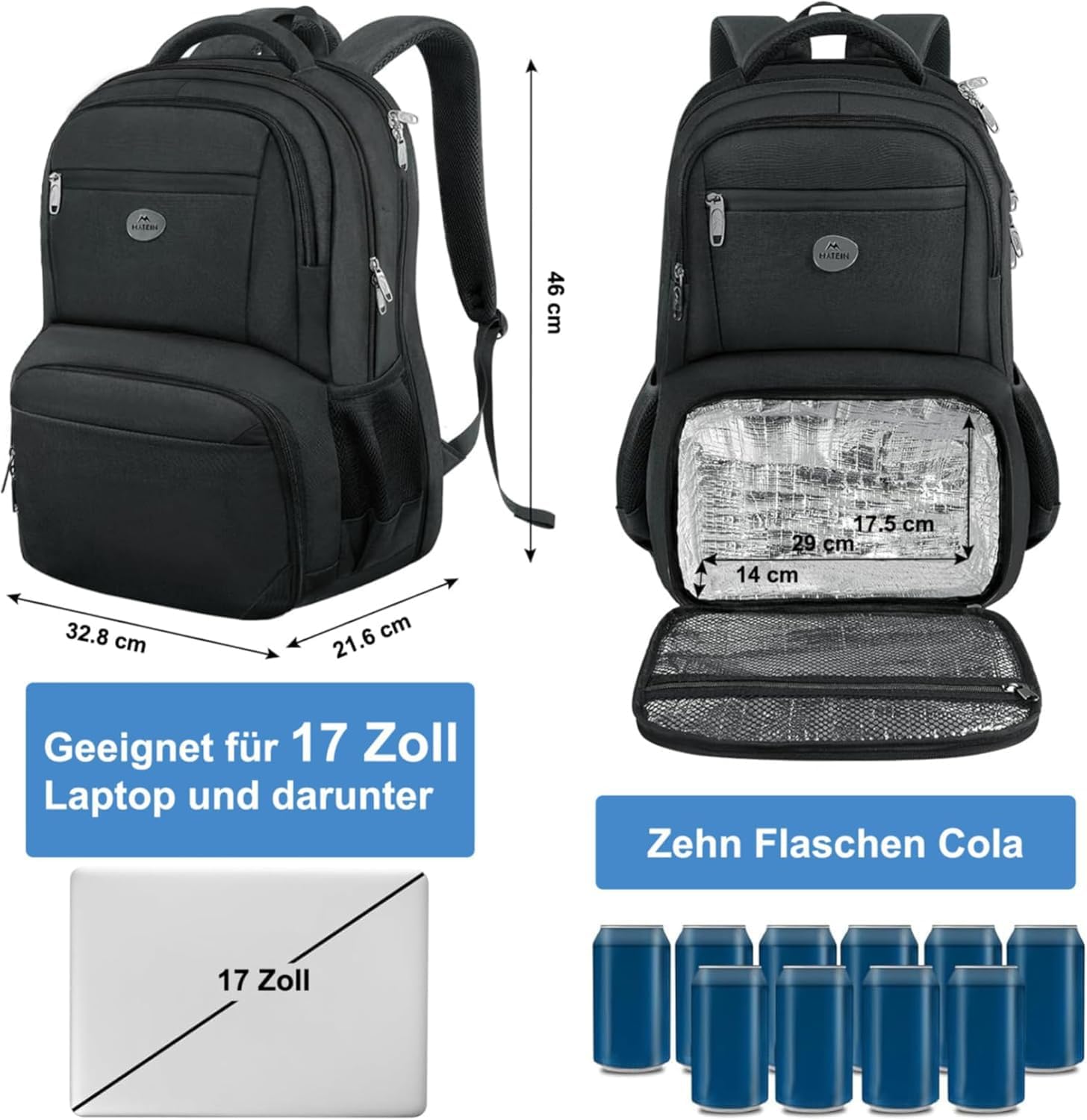 MATEIN Herren Rucksack mit Kühlfach, Großer Laptop-Rucksack 17 Zoll, Arbeitsrucksack, Herren Anti-Diebstahl, TSA-freundlicher Laptop-Rucksack, Wasserdichter Schulrucksack für Teenager, Arbeit, Business, Schwarz – Bild 2