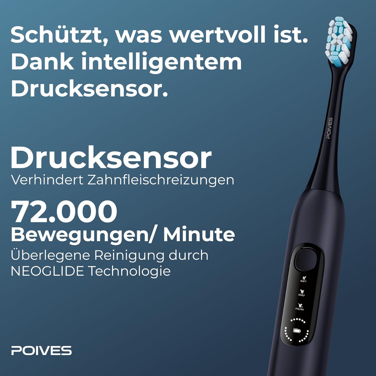 Schallzahnbürste P1 Pro Testsieger 2026 – Bestnote Sehr gut, Drucksensor schont die Zähne, Ultraschall-Elektrozahnbürste, Mitternachtsblau – Bild 3