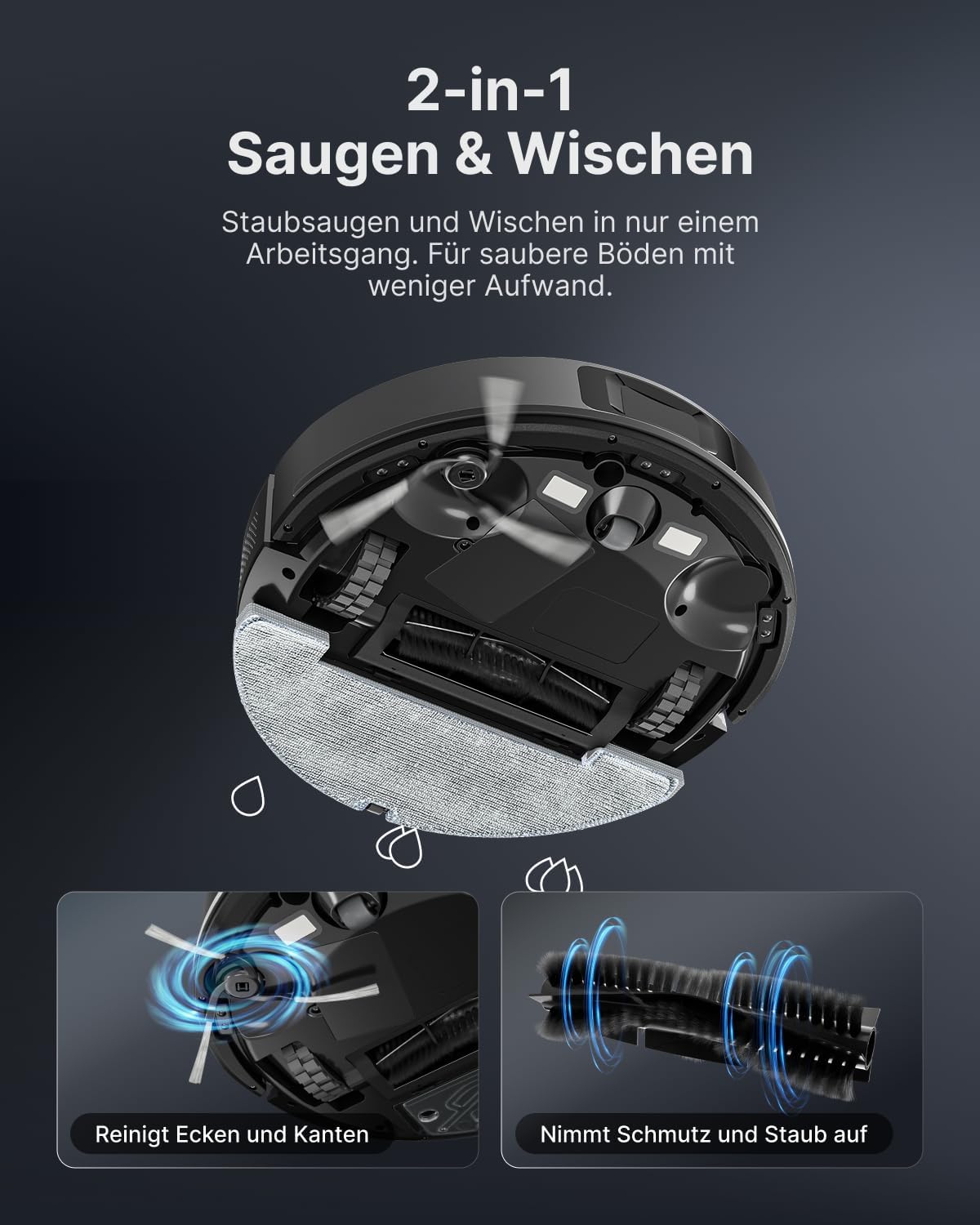 Vonko S6 Pro Saugroboter mit Wischfunktion und Saugstation, 8000 Pa Saugleistung, LiDAR 2.0 Lasernavigation, 180 Minuten Laufzeit, Teppicherkennung, App/Alexa, ideal für Tierhaare, Hartböden, Schwarz – Bild 3