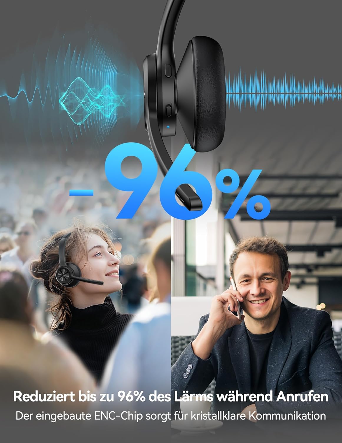 TECKNET V5.2 Bluetooth-Headset mit Mikrofon, kabelloses Headset mit Geräuschunterdrückung und Stummschaltung des Mikrofons, wiederaufladbare On-Ear-Kopfhörer kabellos für Trucker/Callcenter/Büro – 50+ Stunden Akku – Bild 3