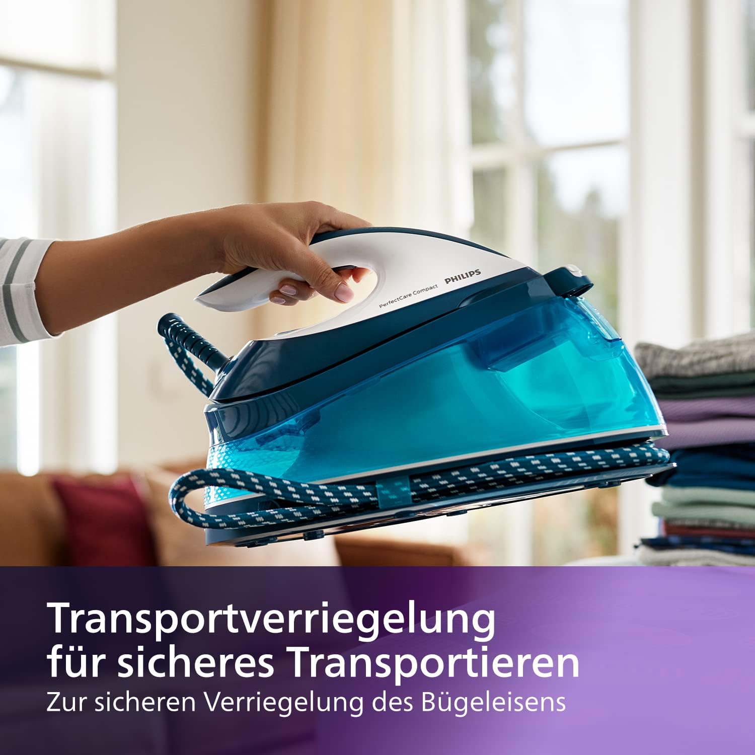 Philips Domestic Appliances Perfect Care Kompakt-Dampfbügeleisen, OptimalTemp-Technologie, 120 g/min Dauerdampf, 2400 W, 6,5 Bar Druck, 1,5 Liter Wassertank, SteamGlide-Bügelsohle, Blau (GC7844/20) – Bild 6