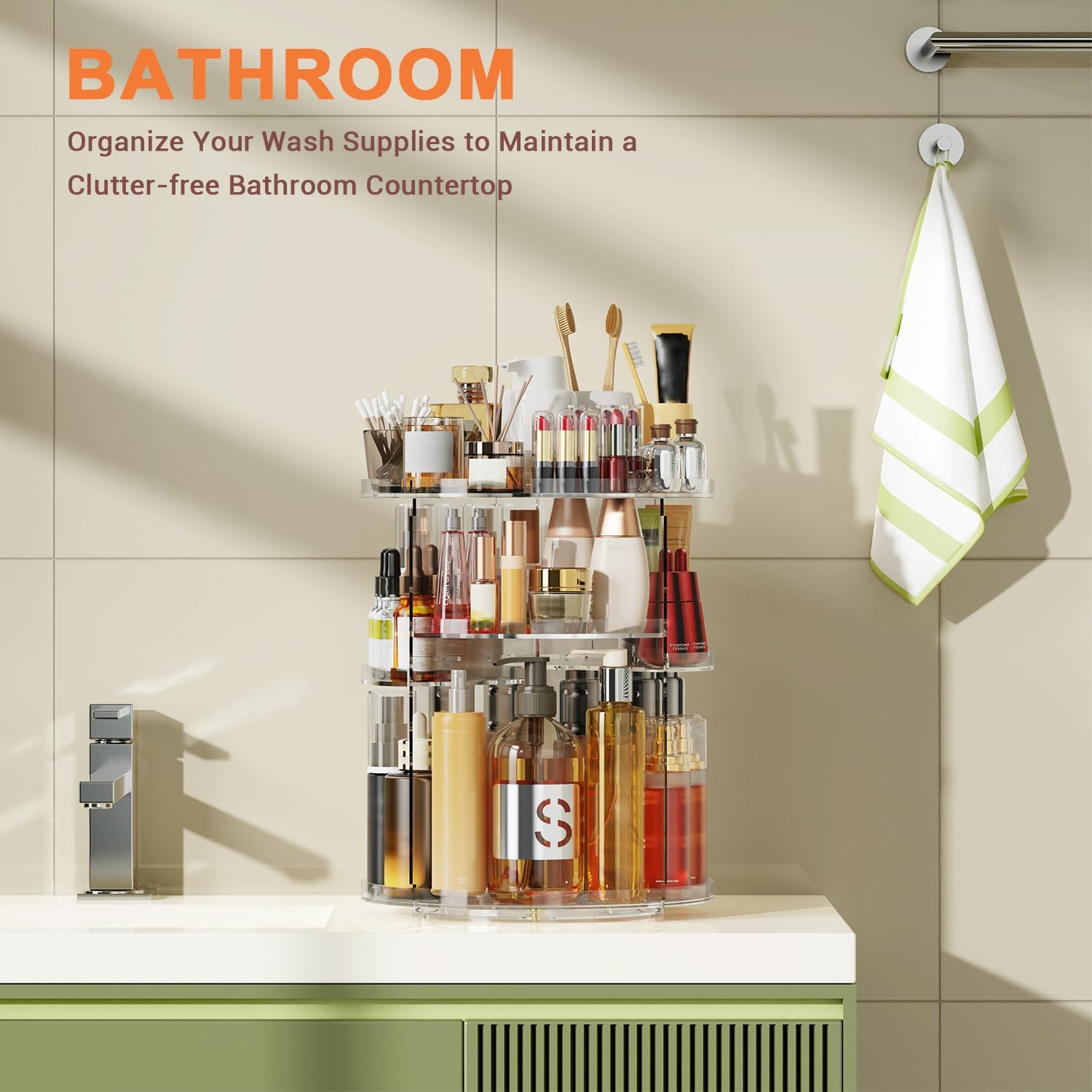 Auxmir Make-up-Kosmetik-Organizer, um 360° drehbare Aufbewahrung, Make-up-Organizer für Kommode, Schminktisch, Hautpflege-Aufbewahrungssystem, transparent – Bild 9
