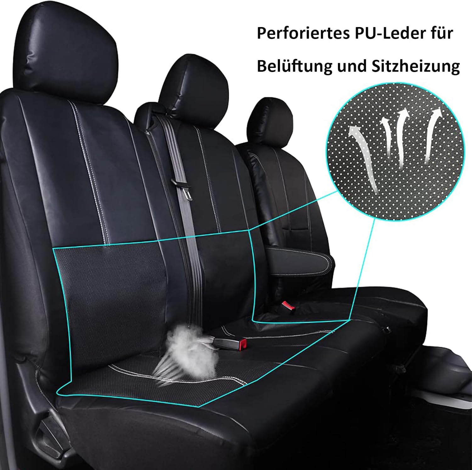 TOYOUN Universal Autositzbezüge für Transporter LKW Vordere Autositzbezüge Kunstleder Sitzbezug Fahrersitz + 2 Beifahrersitzbank Schonbezüge Schwarz – Bild 4