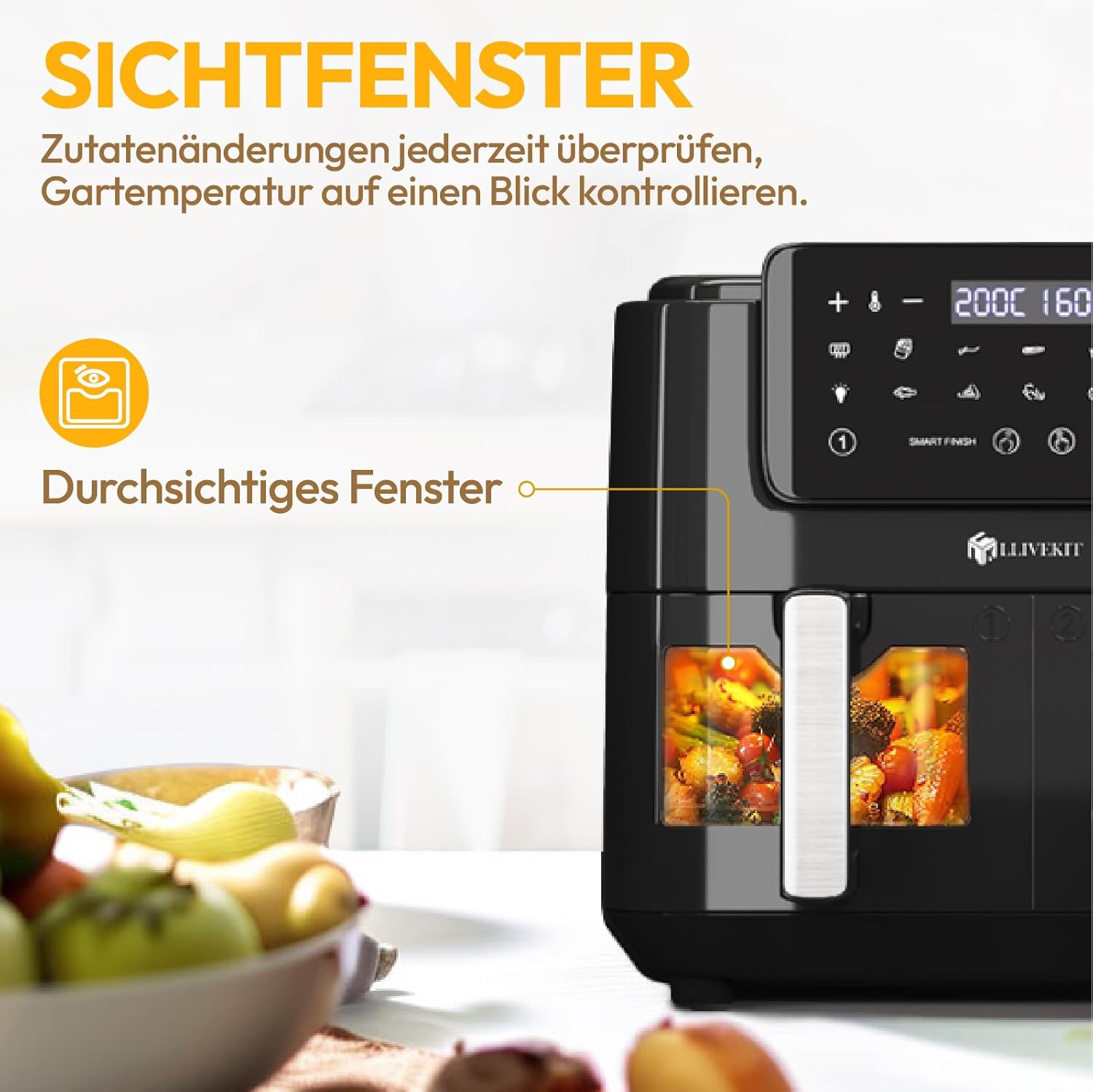 LLIVEKIT 9L Heißluftfritteuse, 2 Kammern mit Sichtfenster, 4,5L + 4,5L Airfryer 9-in-1, Backofen XXL ohne Öl, Heißluftofen mit Touchscreen, Timerfunktion – Bild 6