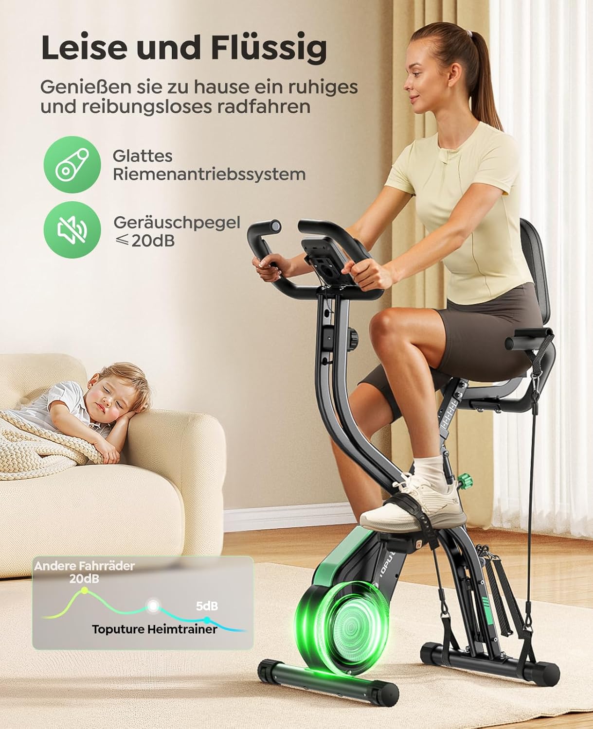 Toputure Klapp-Heimtrainer mit App, 5-in-1-Ergometer mit Hand-Bein-Zugseilen, 16 Magnetwiderstände, Indoor-Heimtrainer bis 140 kg, Ultraschall – Bild 4