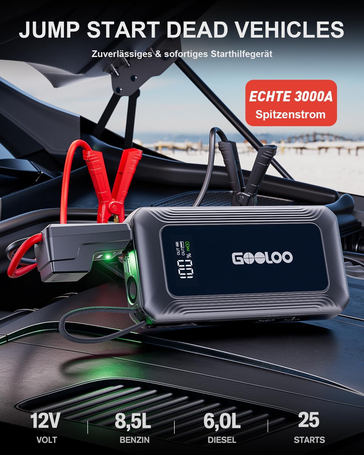 GOOLOO G7 Starthilfe-Powerbank für Auto, 3000 A tragbare Starter-Powerbank mit 45 W USB-C-Schnellladung & LED-Taschenlampe, Booster-Auto-Starthilfe für 12 V (bis zu 8,5 l Benzin/6 l Diesel) – Bild 2