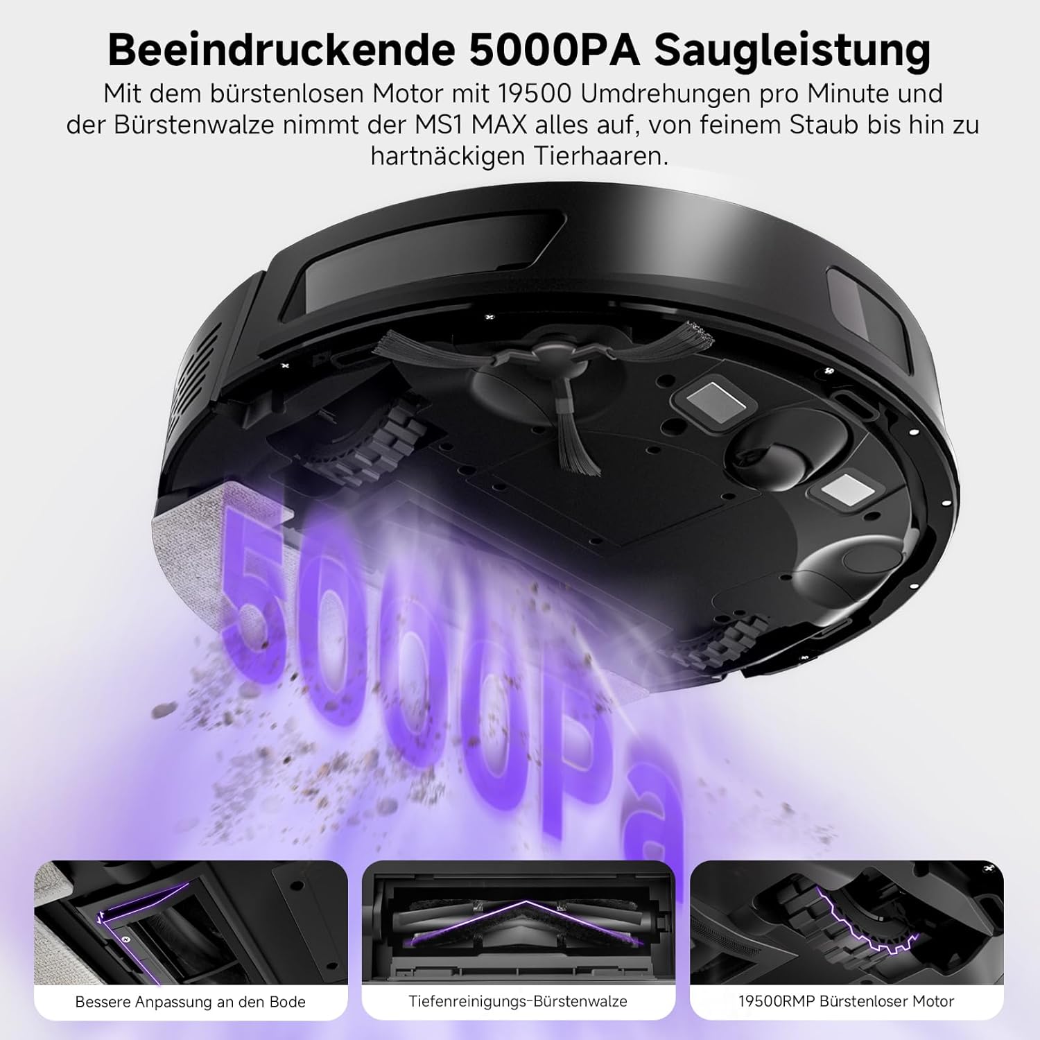 MONSGA Saugroboter mit Wischfunktion, 3,5L Staubsaugerroboter mit Saugstation, 5000Pa Saugleistung, 180min Laufzeit, LiDAR-Navigation, starke Saugleistung ideal für Teppich und Tierhaare, App-Steuerung – Bild 2