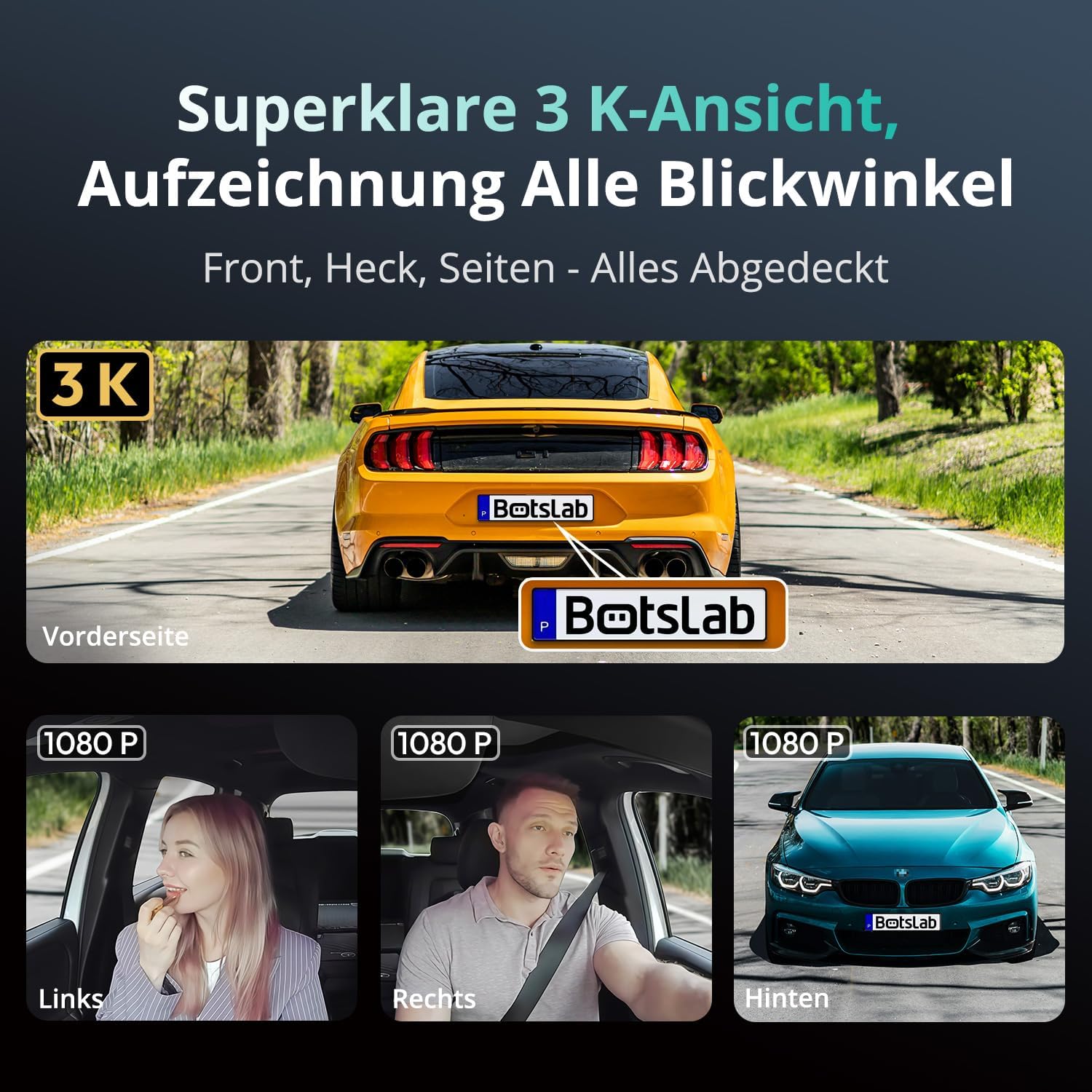 BOTSLAB Dashcam Auto 4 Kanal mit Parküberwachung, 360° Dashcam mit GPS, 5,8 GHz WLAN, 3K + 1080P × 3 Autokamera, 3,18 Zoll IPS-Bildschirm, Super-Nachtsicht, WDR, G-Sensor, Loop-Aufnahme, inklusive 128 GB SD-Karte – Bild 2