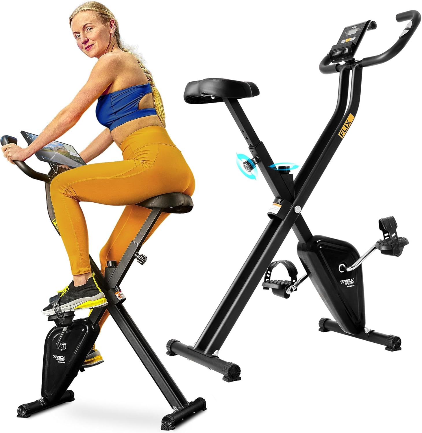 TREX SPORT Flix TX-320XB klappbarer Heimtrainer mit manuellem Reibungswiderstand, LCD-Display und Pulssensoren, 5-fach höhenverstellbarer Sitz, maximale Belastung 100 kg, schwarz