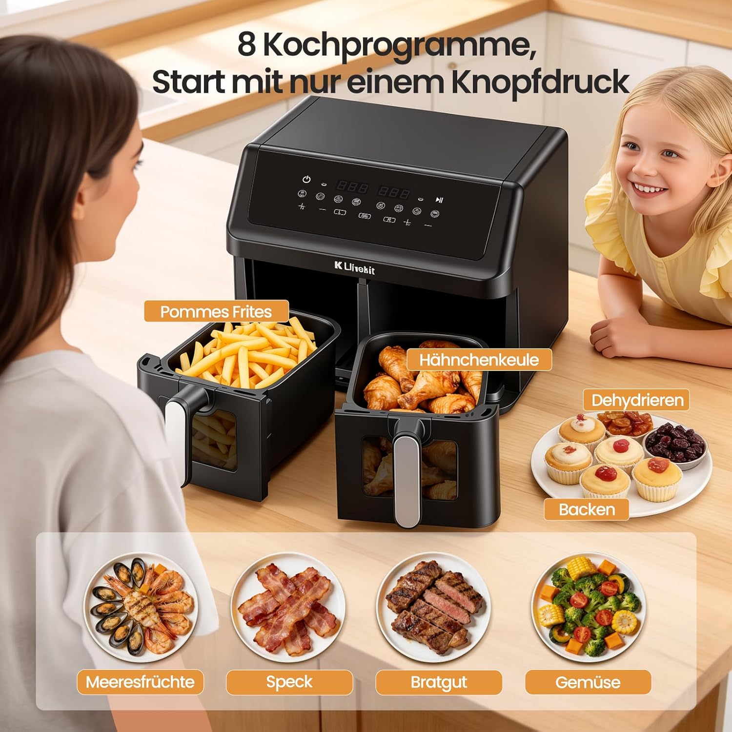 LLIVEKIT 9L Doppelkammer-Heißluftfritteuse, 2 x 4,5 L Airfryer mit automatischer Abschaltung, 4D-Konvektion, 70 % Energieeinsparung, 8 Programme, Sync-Finish, spülmaschinenfest, PFOA-frei – Bild 2