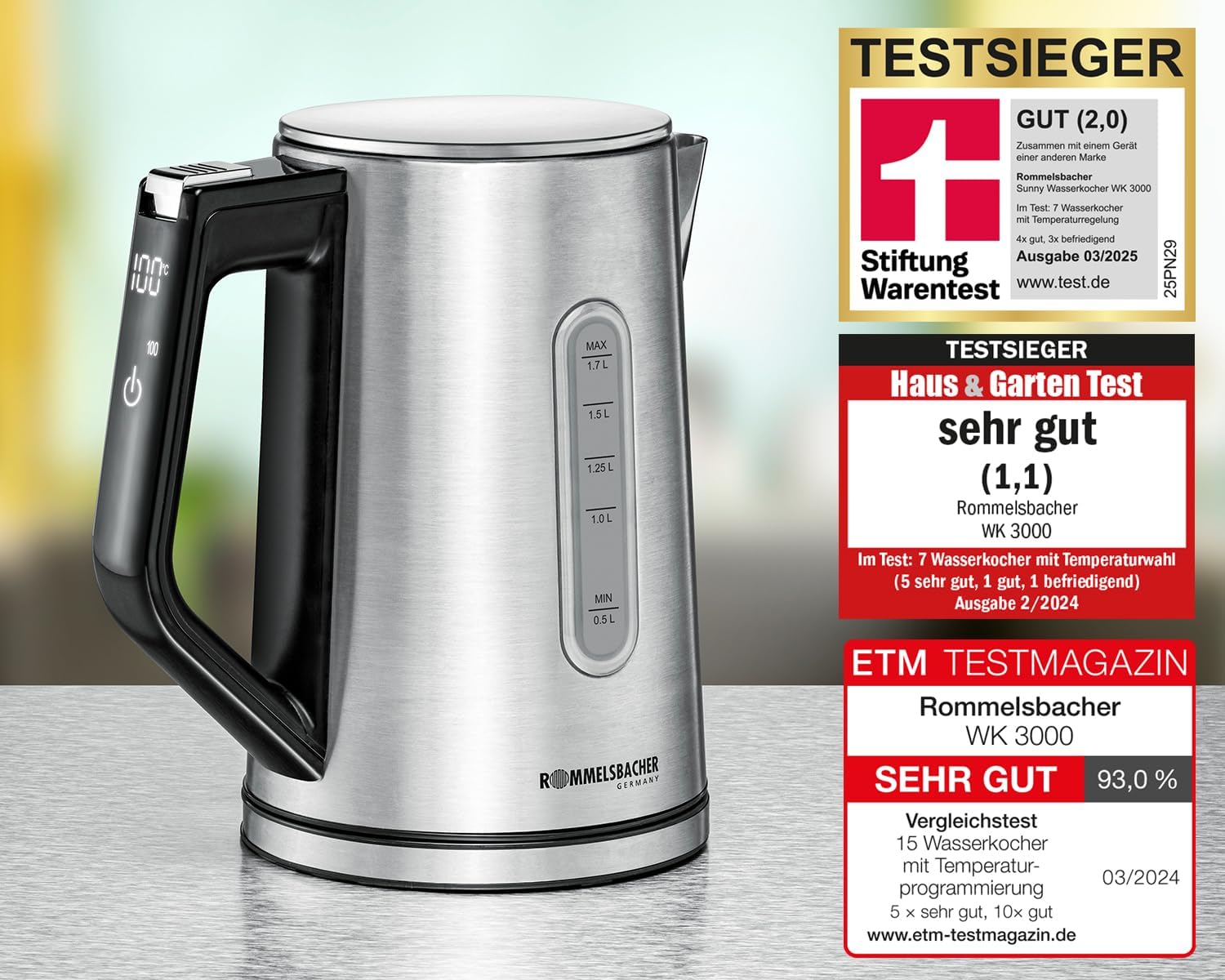 ROMMELSBACHER Wasserkocher WK 3000 – Stiftung Warentest Sieger 3/2025, 1,7 Liter, 1-Knopf-Bedienung, Set-Start-Funktion, Temperaturwahl von 45-100 °C, geschlossener Topfboden, automatischer Kochstopp – Bild 2