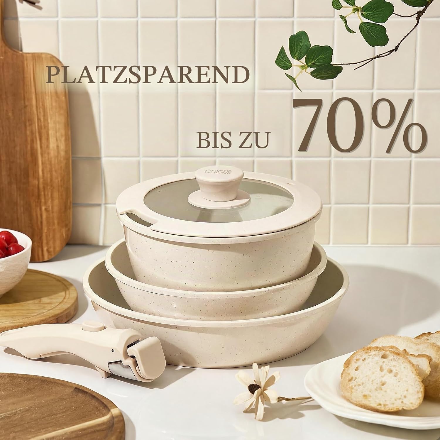 Keramik-Pfannenset mit abnehmbarem Griff, Induktion, 8-teilige Topfsets, platzsparendes Kochgeschirr, Bratpfannen, ofen- und spülmaschinenfest, PFAS/PFOA-frei, Cremeweiß – Bild 7