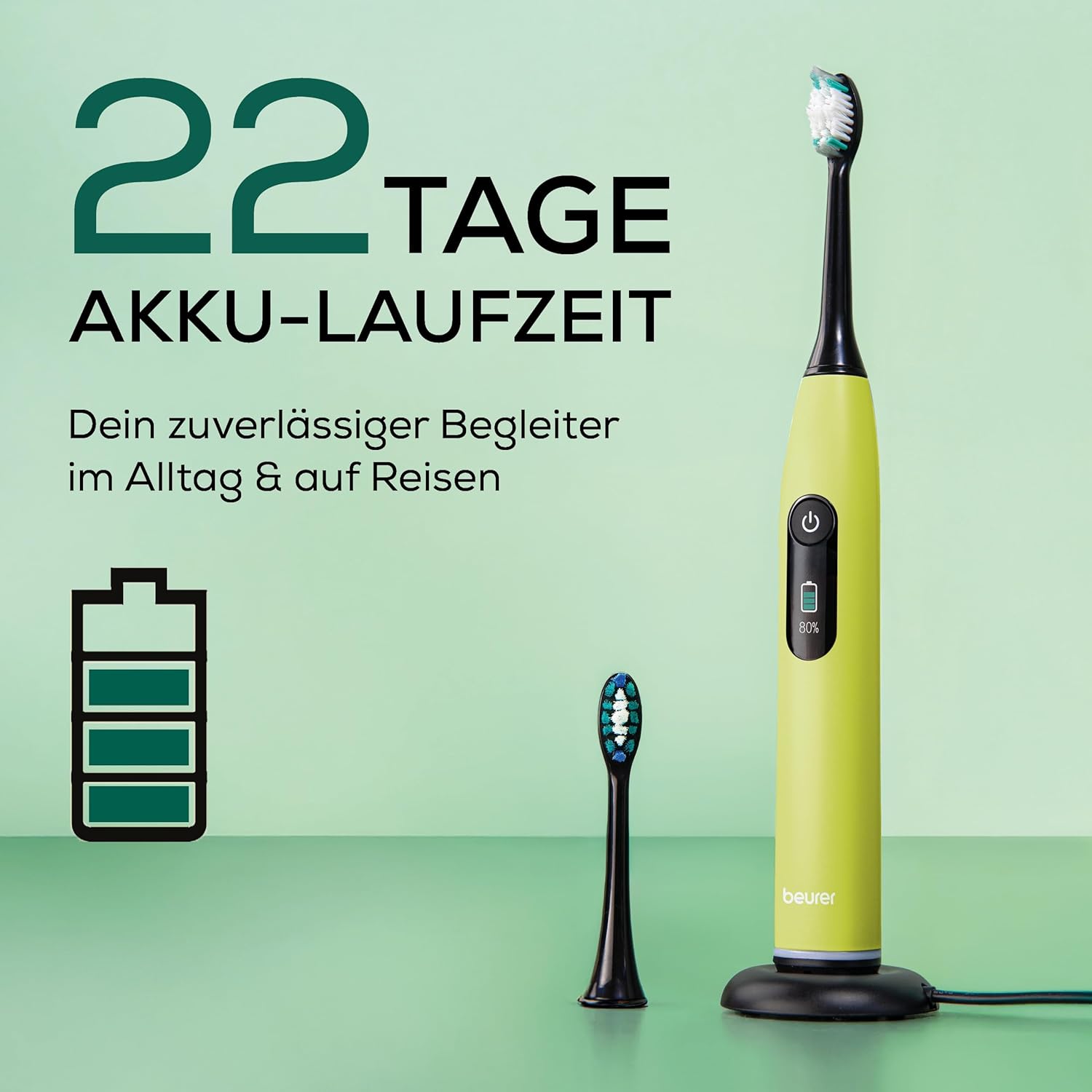 Beurer SC 50 Schallzahnbürste, elektrische Zahnbürste mit 5 Reinigungsmodi & Drucksensor, 80.000 Vibrationen, Display mit Putzzeitanzeige, inklusive 2 Ersatzzahnbürstenköpfe (Splashy Lemon) – Bild 4