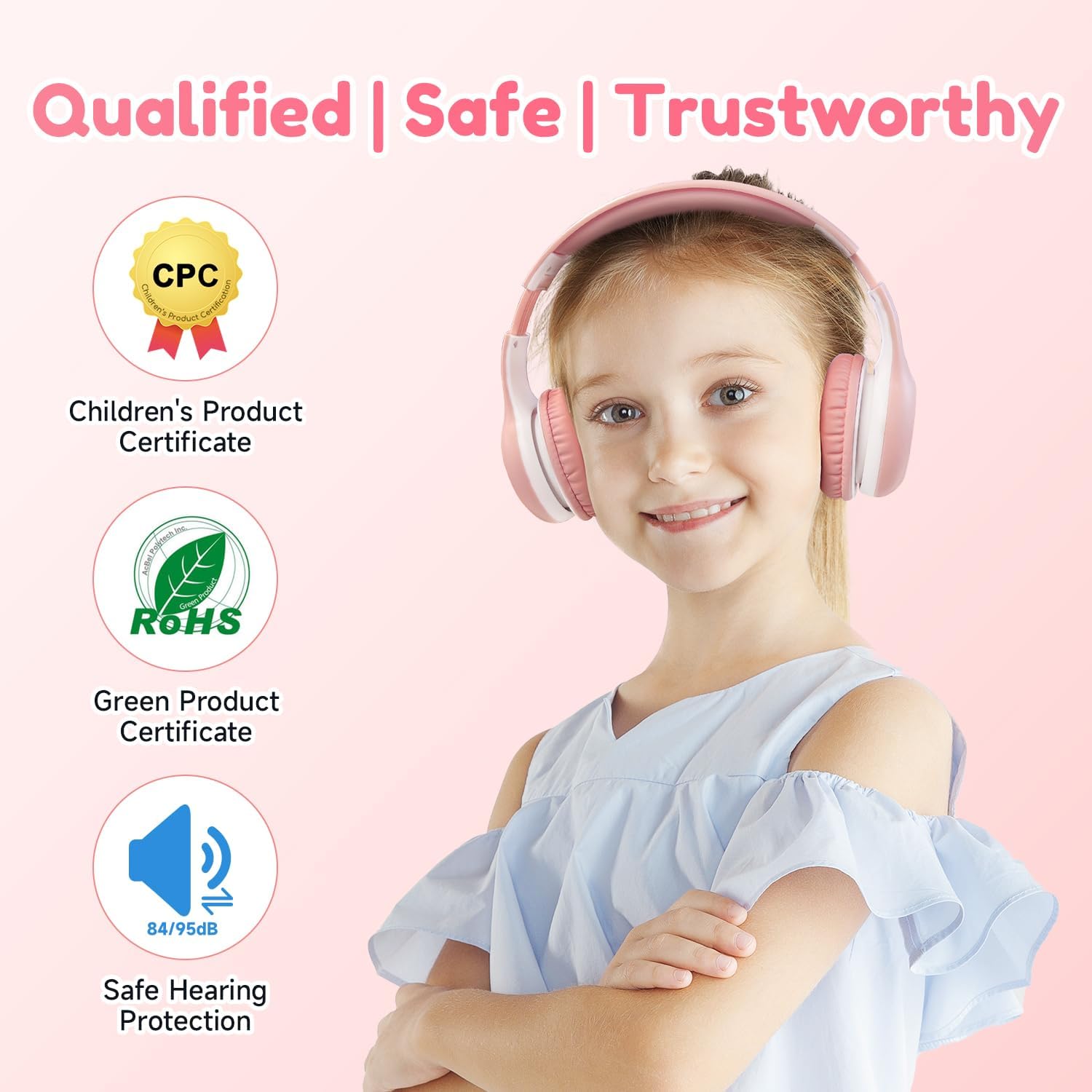 EarFun Kinder-Bluetooth-Kopfhörer, 85/94 dB Lautstärkeregler, HiFi-Sound, HD-Mikrofon, 40 Stunden Akku, faltbar, verstellbar, Kopfhörer kabellos, Bluetooth Kinder für Schule/Reisen, Pink – Bild 2