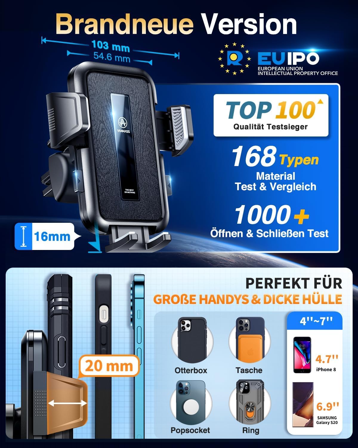VANMASS 2026【Echte Militärklasse】Handyhalterung Auto 【Bombenfester Saugnapf & Lüftungsclip】Universelle Handyhalterung Auto Armaturenbrettscheibe für iPhone 17 Pro Max/17 Air 16/15/14 Samsung S25 usw – Bild 7