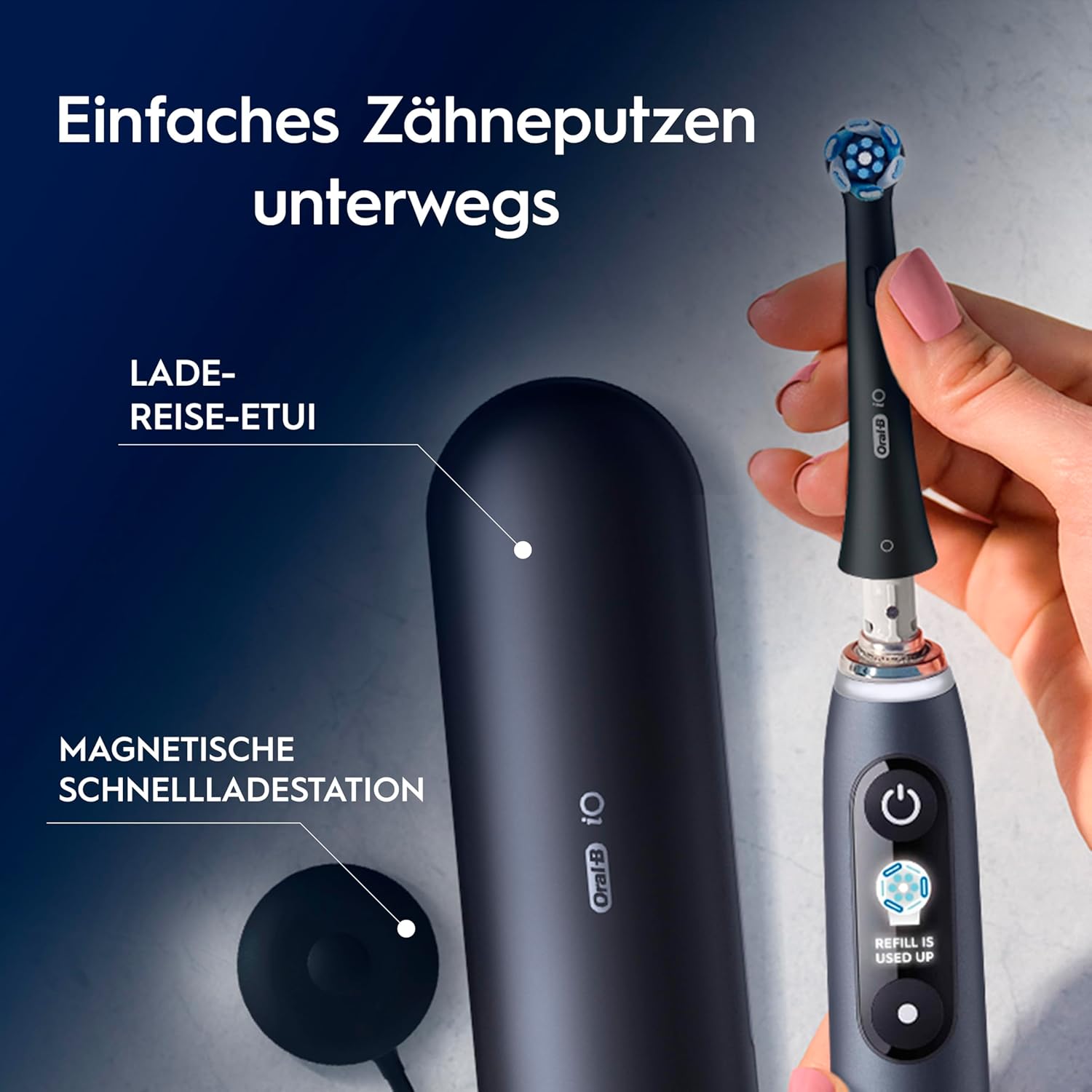 Oral-B iO Series 9 Elektrische Zahnbürste, Doppelpack – Elektrische Zahnbürste, inklusive 3 Ersatz-Zahnbürstenköpfen – 7 Modi für die Zahnpflege, Chip-Testsieger (11/25), entworfen von Braun, Schwarz und Pink – Bild 3