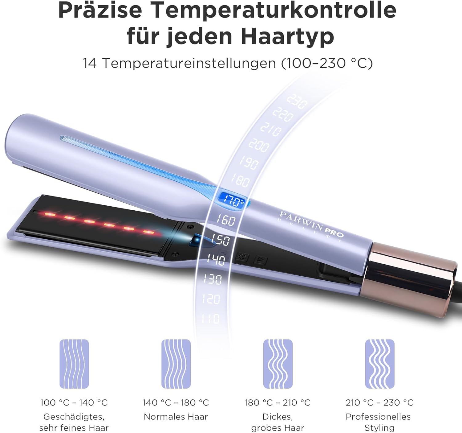 Infrarot-Ionen-Haarglätter mit breiten 45-mm-Stylingplatten, PARWIN PRO BEAUTY Professionelles Glätteisen für dickes, krauses, lockiges und langes Haar, Infrarot- und Ionentherapie, 14 Temperaturstufen, Lila – Bild 8