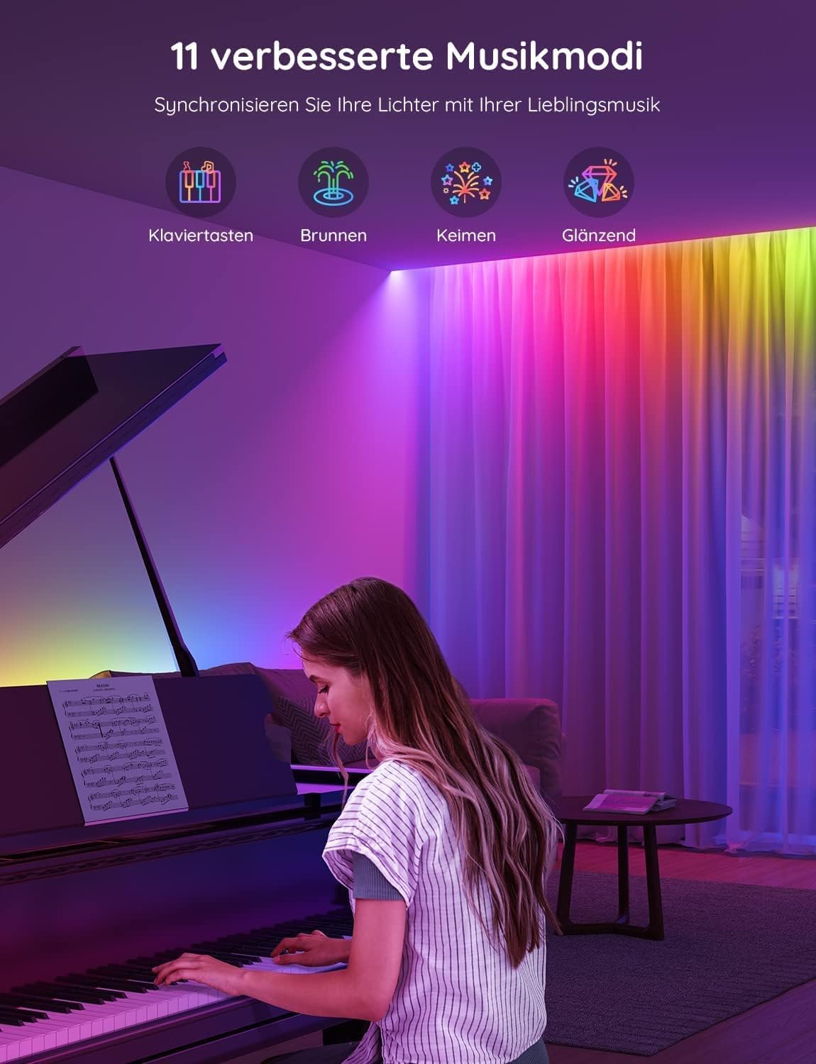 Govee LED-Streifen 20 m, RGBIC-LED-Streifen mit Segmentsteuerung, Musiksynchronisation, 64 Szenenmodi, steuerbar per App-Steuerung, Farbwechsel, geeignet für Zuhause, Schlafzimmer, 2 Rollen mit 10 m Streifen – Bild 7