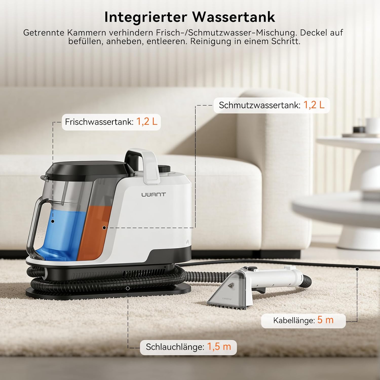 Uwant Y100 Dampf-Polsterreinigungsgerät, 3-in-1-Nasssauger für Sofa, Teppich und Auto mit 18 kPa, 100 °C heißem Dampf, 65 °C heißem Wasser, kaltem Wasser, selbstreinigend, Multi-Bürstenkopf und 500 ml Teppich – Bild 9