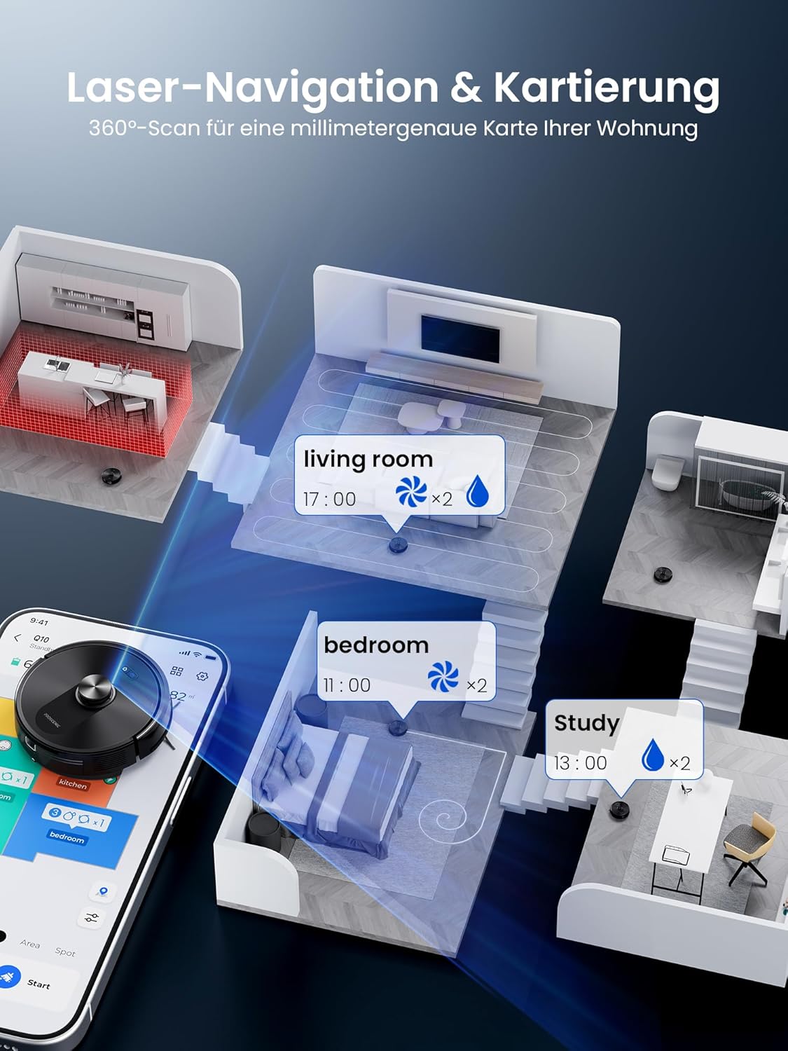 Proscenic Q10 Saugroboter mit Wischfunktion, 8000Pa 200min Staubsaugerroboter, intelligente Lasernavigation mit 5 Karten, smarte Steuerung per App, Alexa & Siri Apple Watch, Hartböden – Bild 3