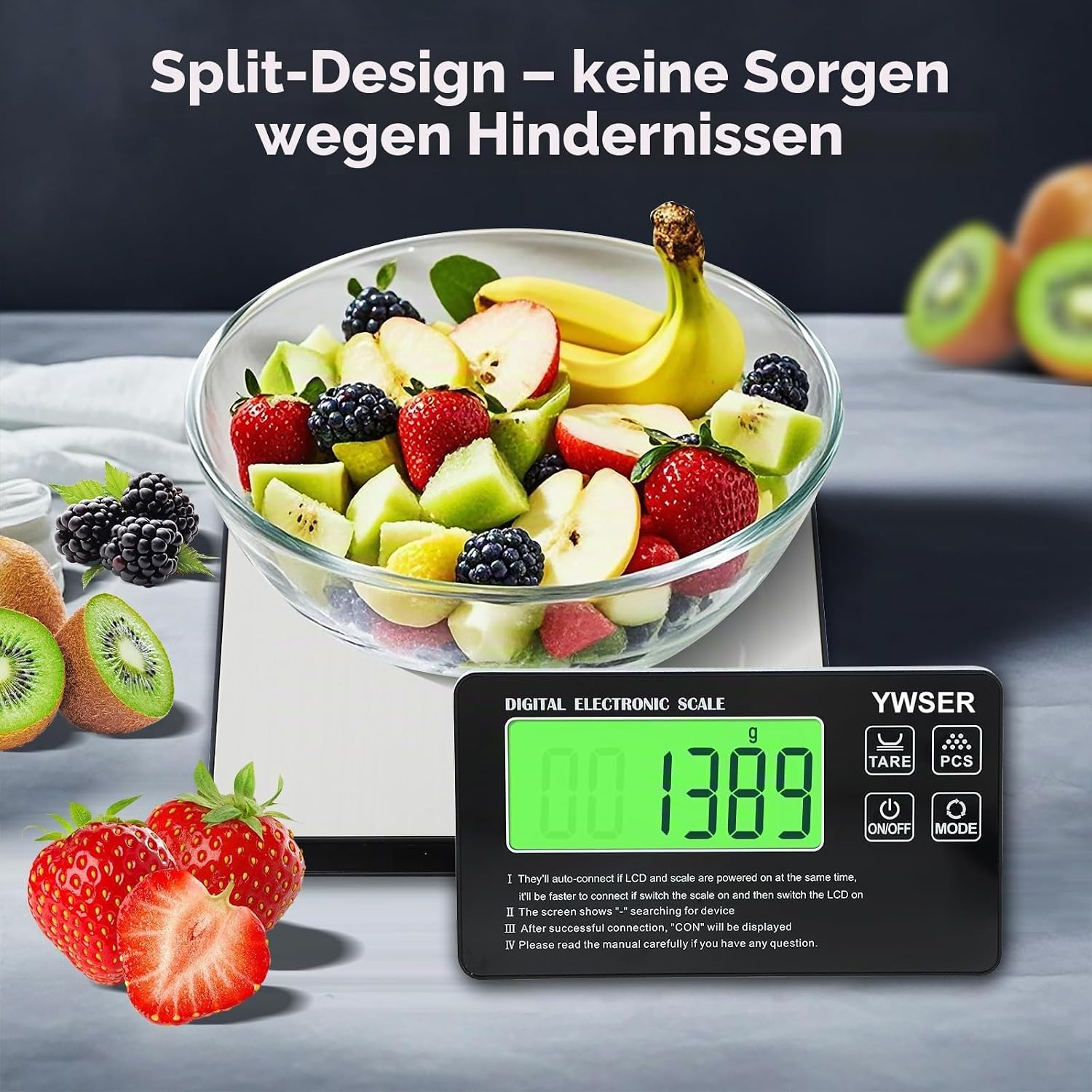 15 kg digitale Küchenwaage mit LCD-Fernanzeige, geteiltes Display für einfaches Ablesen und Reinigen, 1 g Präzision, 7 Einheiten, Tara-Funktion zum Backen, Kochen (Silber-Schwarz) – Bild 6