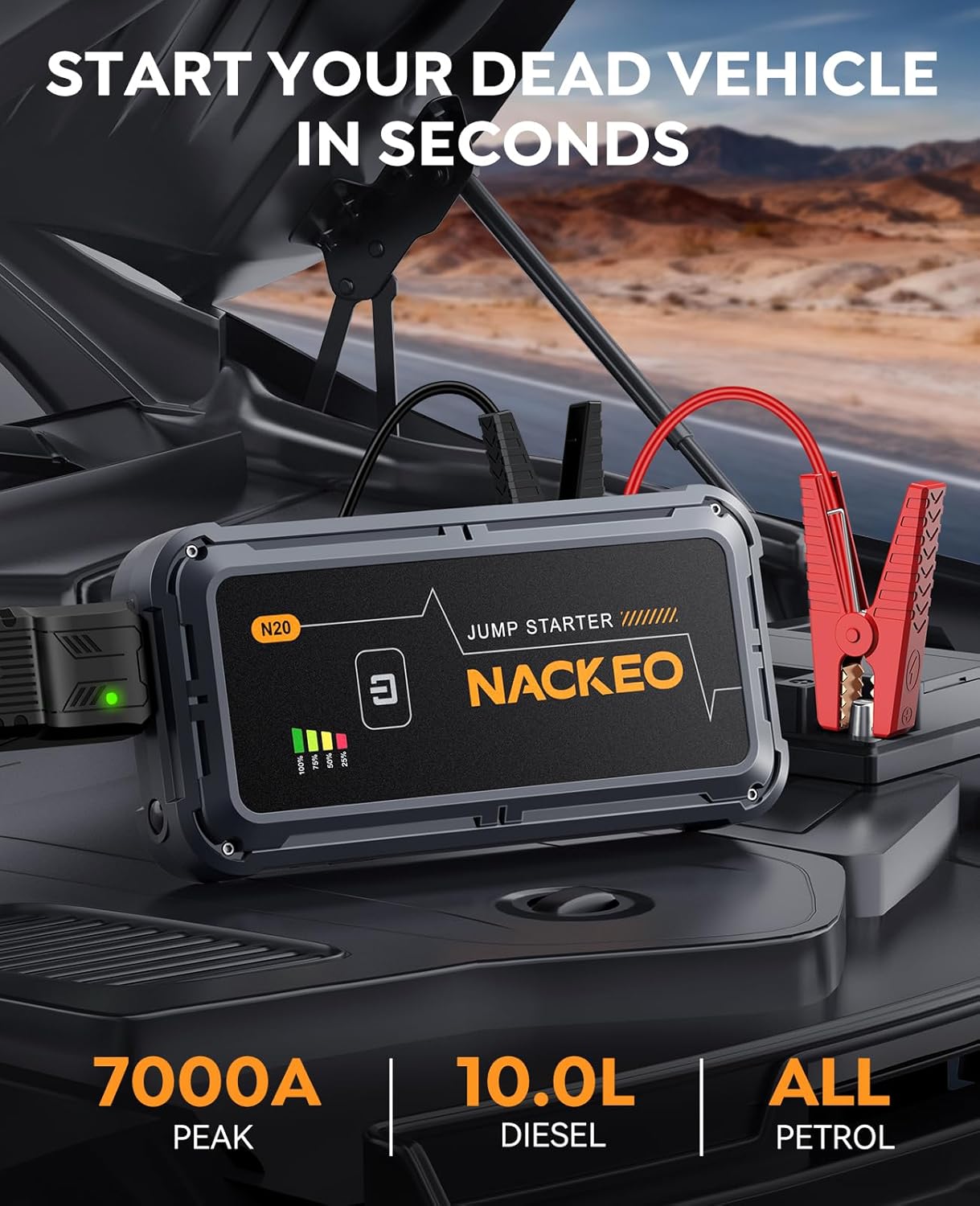 7000 A Starthilfe-Powerbank für Autos, 12 V Batterie-Booster (bis zu allen Benzinmotoren und 10 l Diesel), Starter-Powerbank mit Starthilfekabel & LED-Taschenlampe, Auto-Starthilfe für SUV, LKW, Motorrad – Bild 2